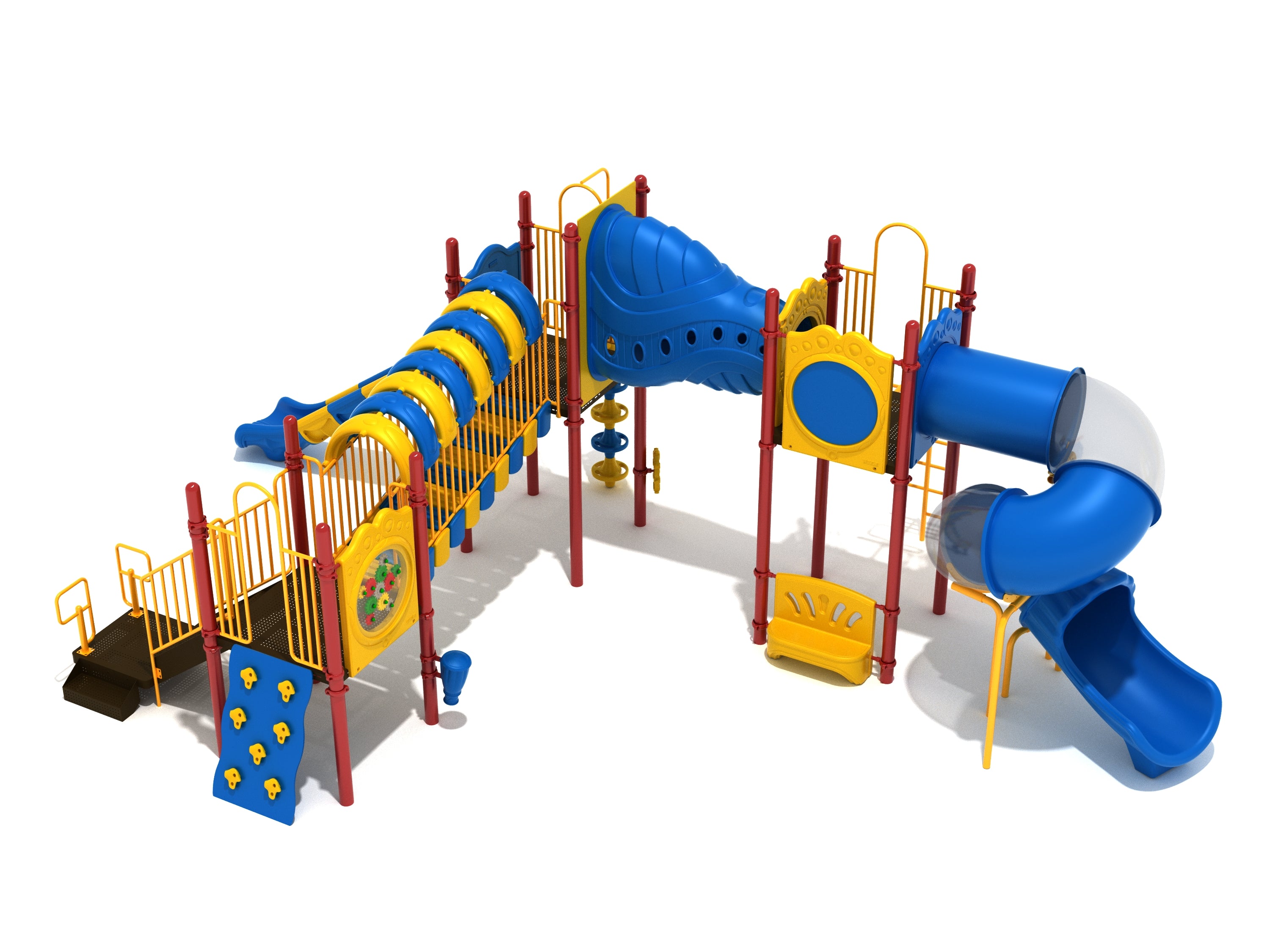 Colorful playground structure with climbing walls, spiral tube slide, bridges, interactive panels, drum, and multiple slides