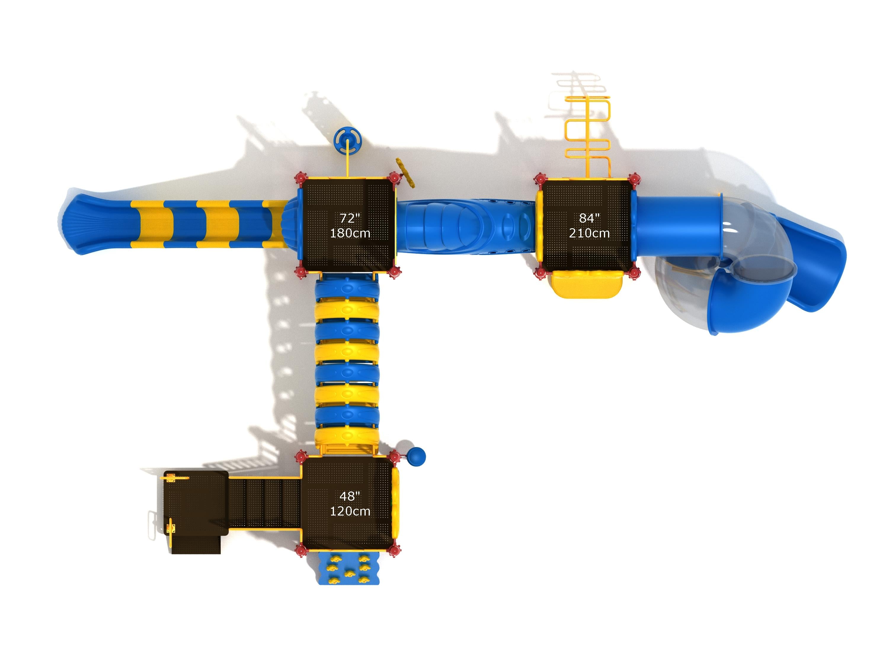 Overhead view of a colorful playground with slides, climbing walls, bridges, and interactive panels in blue and yellow