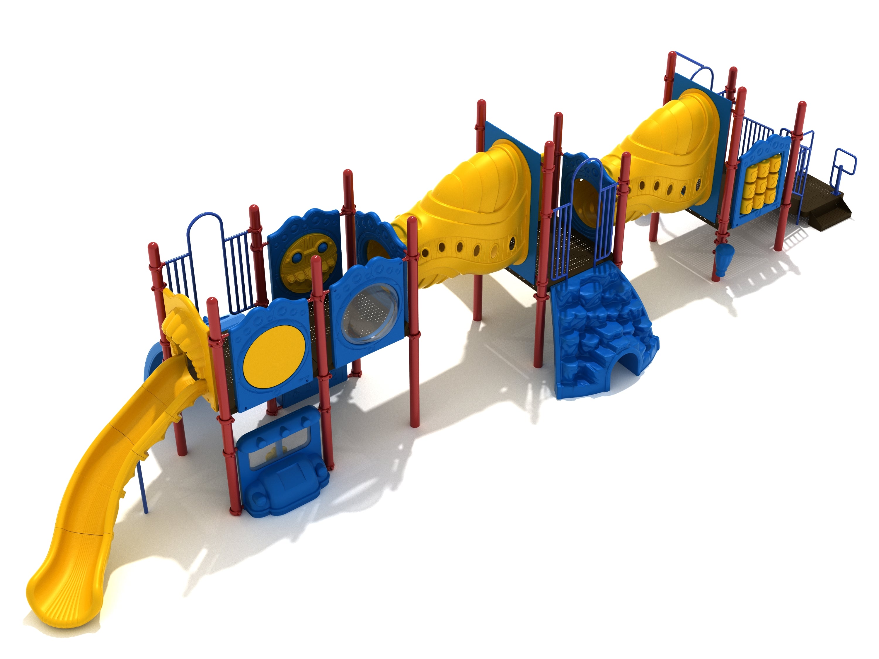 Colorful playground structure with yellow slides, blue climbing panels, red posts, and interactive play elements including tic tac toe and musical panels.