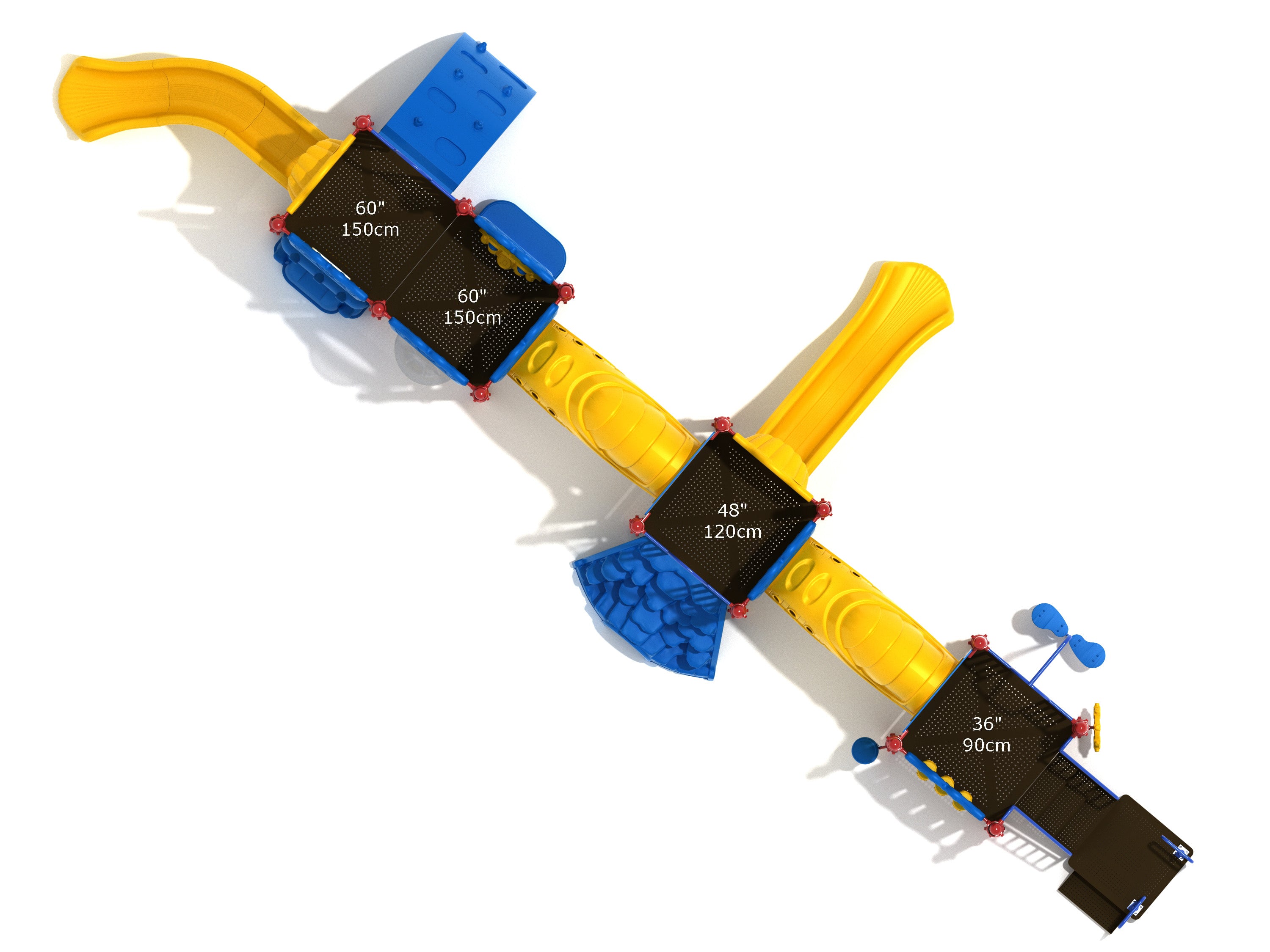 Overhead view of linear playground with yellow slides, blue climbing panels, connecting tunnels, and interactive play elements