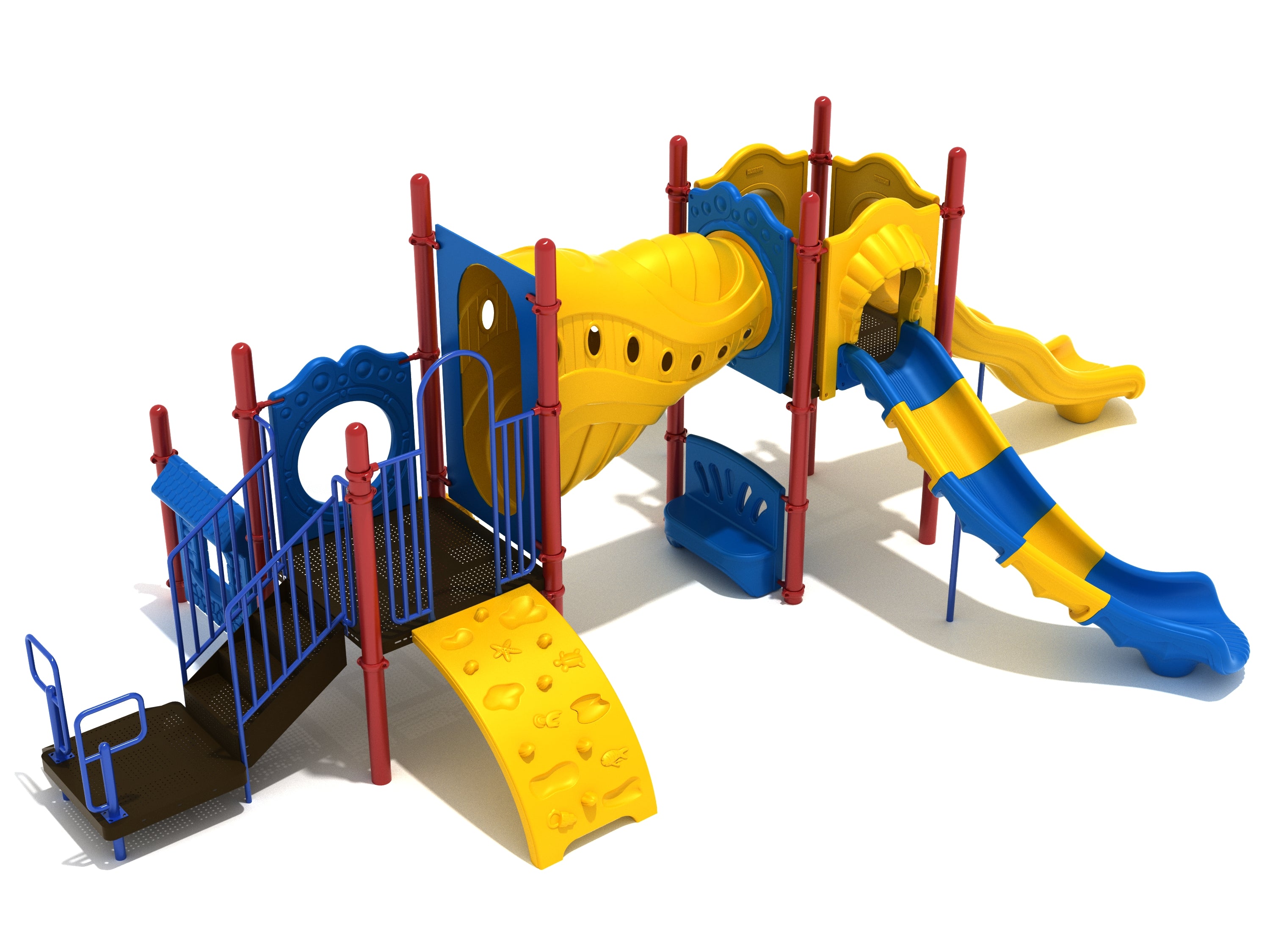 Colorful playground structure with slides, climbing wall, tunnel, interactive panels, and social play features in blue, yellow, and red.