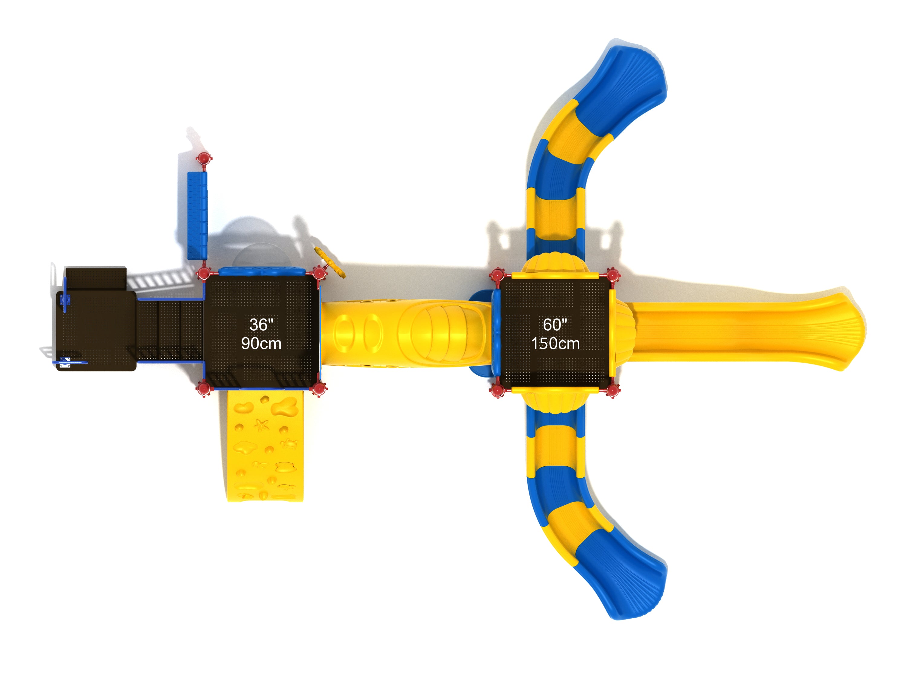 Overhead view of colorful playground with climbing wall, three slides, interactive panels, and funnel tube bridge in blue and yellow