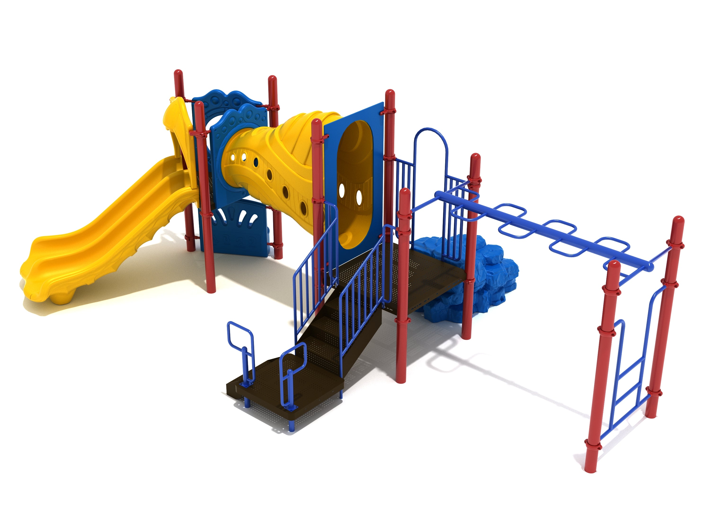 Colorful playground structure with yellow double slide, yellow tunnel, blue climbing elements, red support posts, and interactive panels
