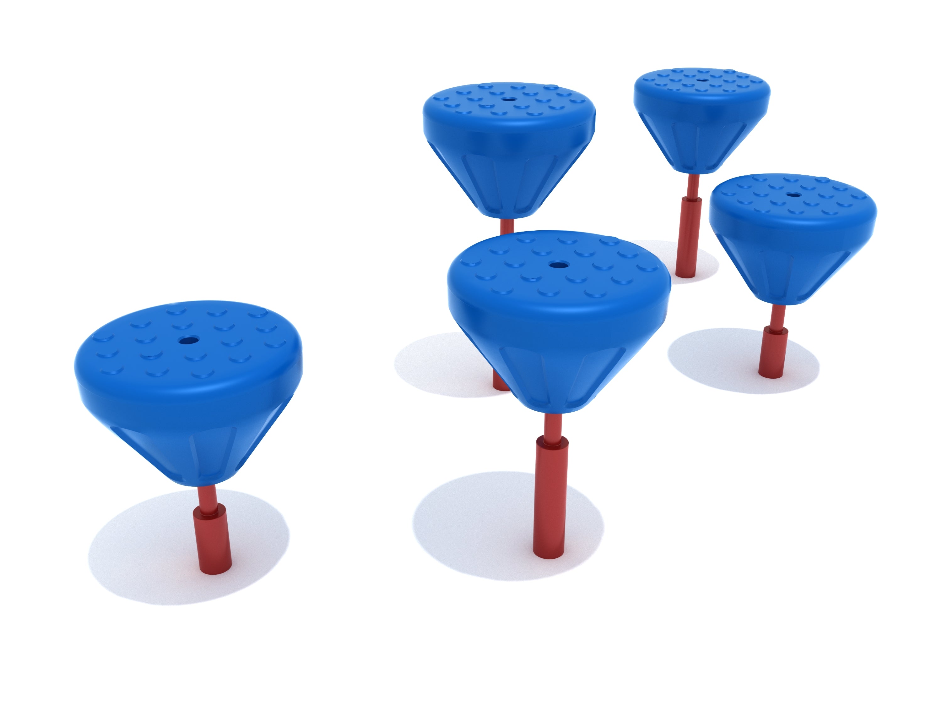 Five blue tactile balance pods with red supports arranged for playground fitness and coordination training.