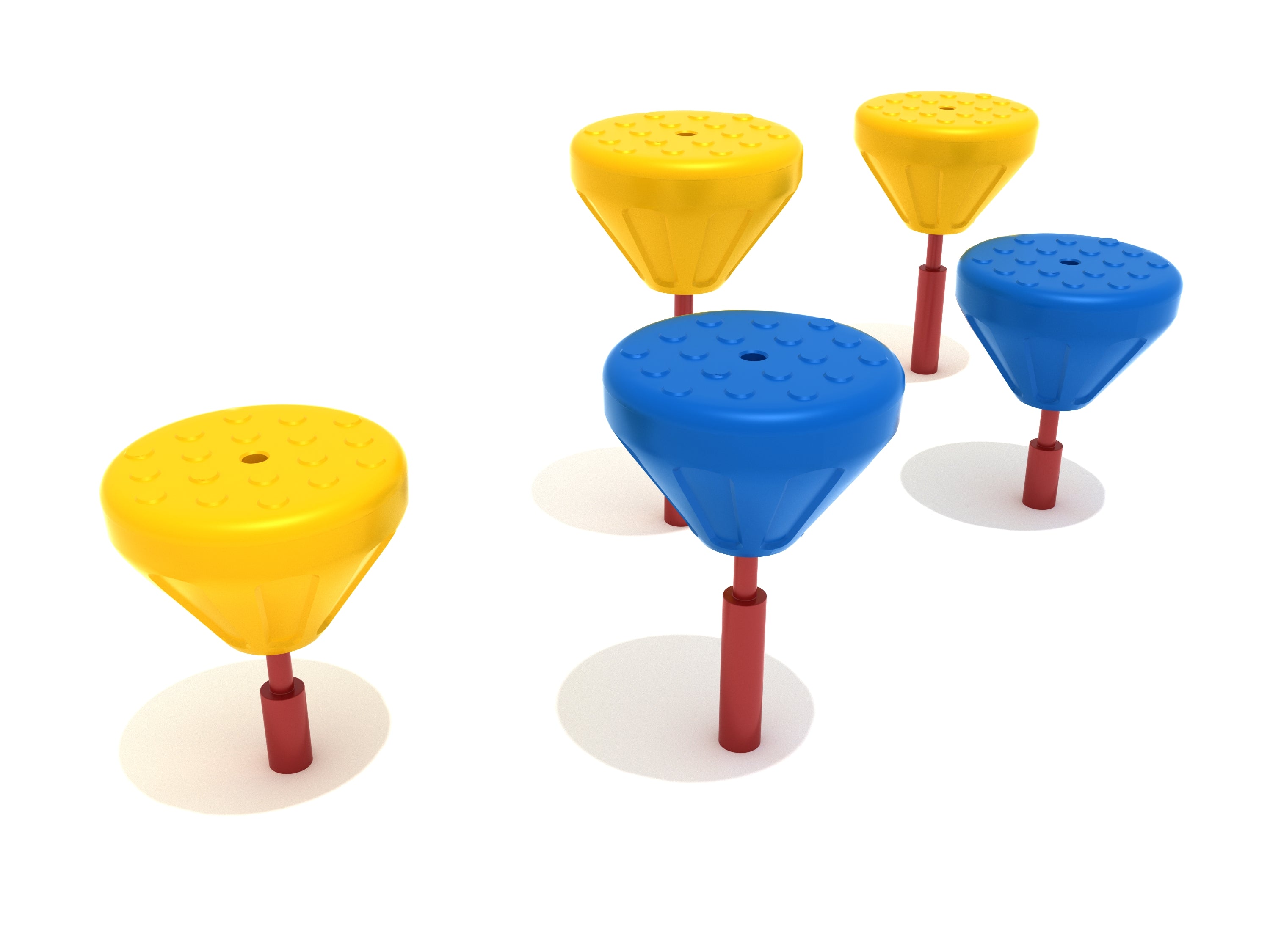 Pebble Pods Balance Course with yellow and blue tactile plastic pebbles on red supports for playground fitness and balance training