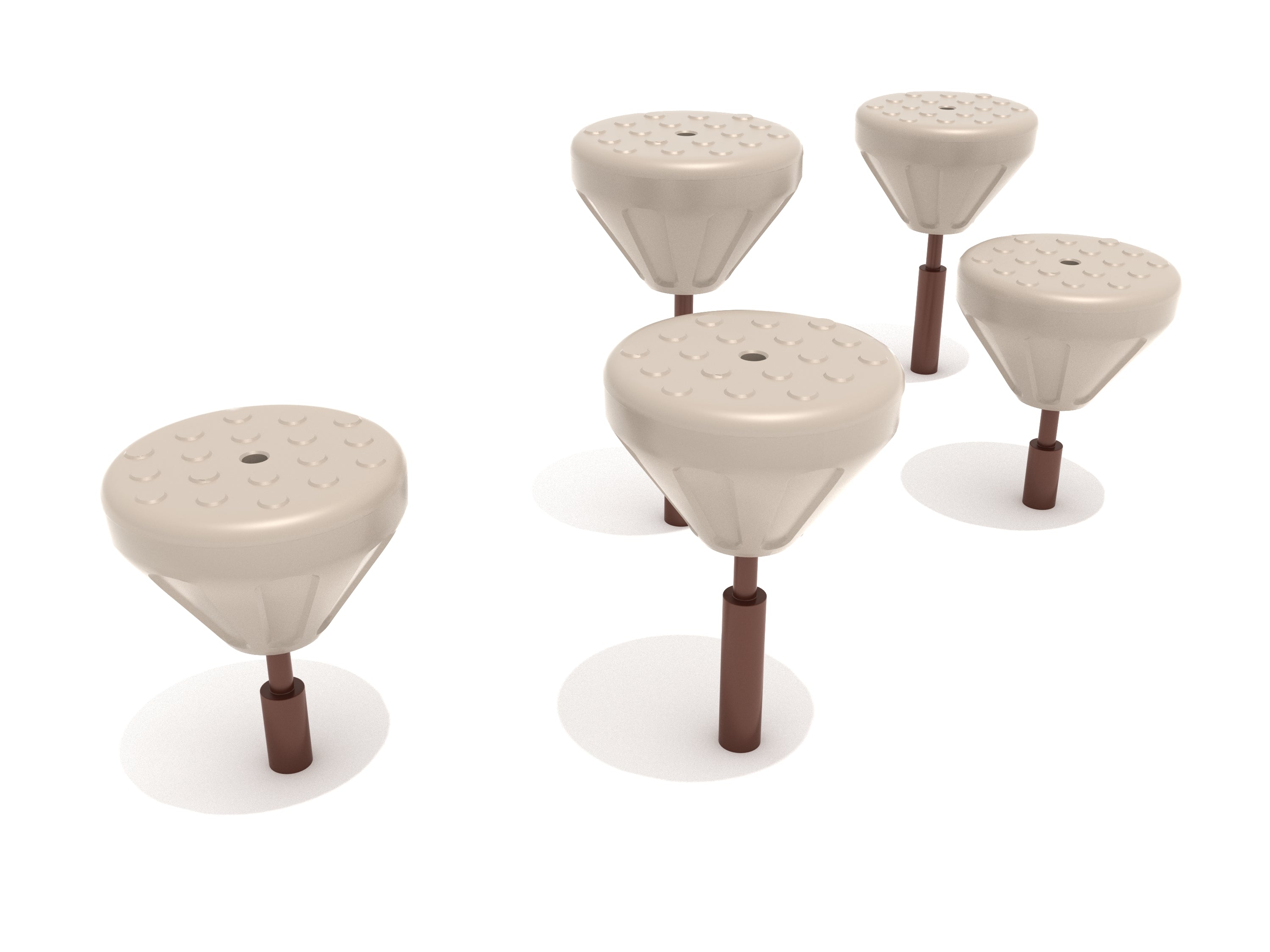 Beige tactile balance pods with brown supports arranged for playground fitness and coordination training