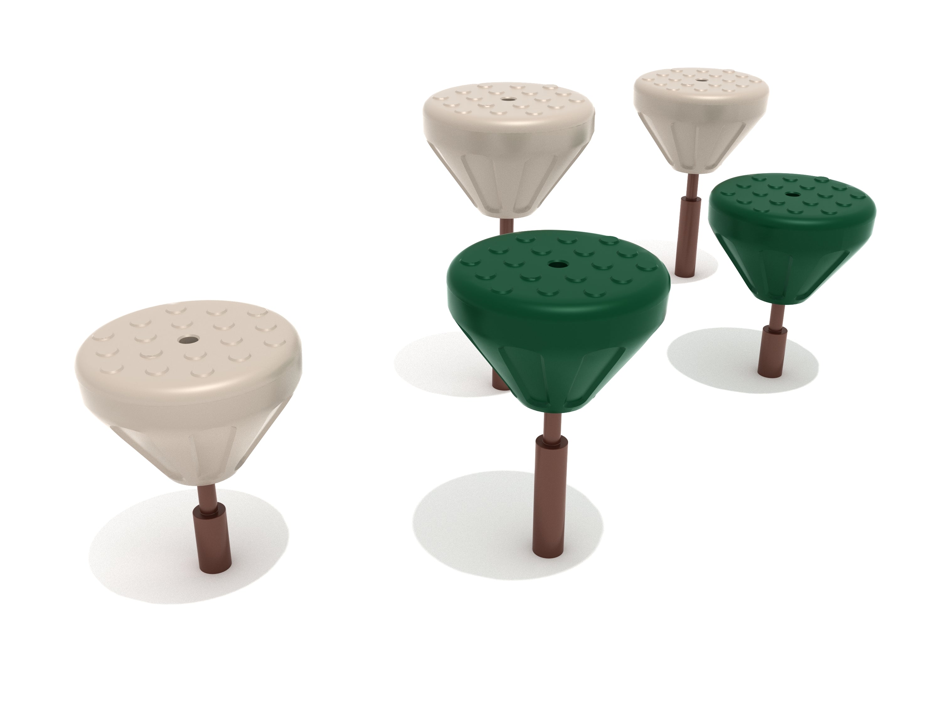 Elevated green and beige balance pods with textured tops designed for coordination and motor skill development on playgrounds