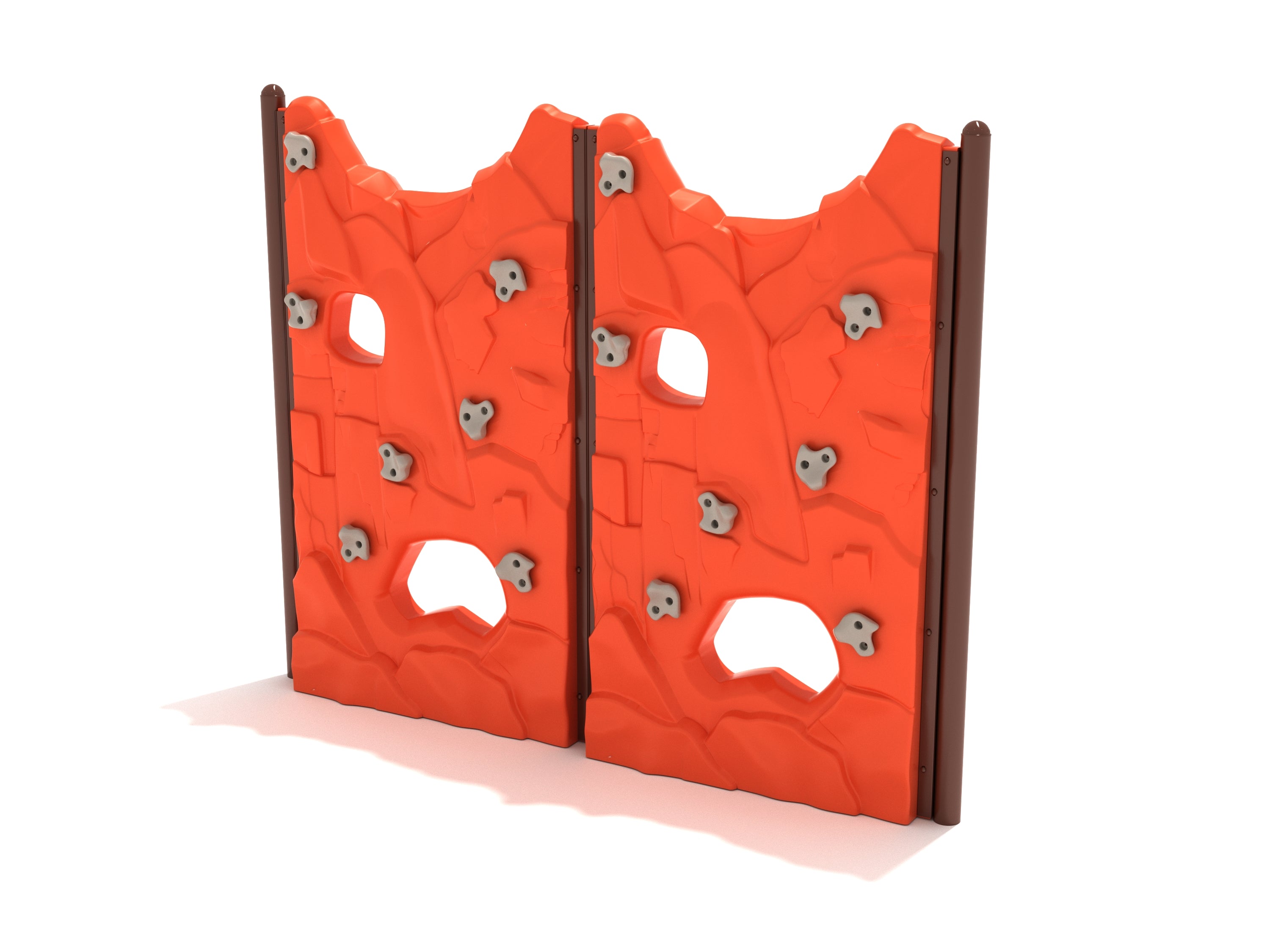 Freestanding double-panel orange rock climbing wall with gray handholds and cut-through windows for playground use