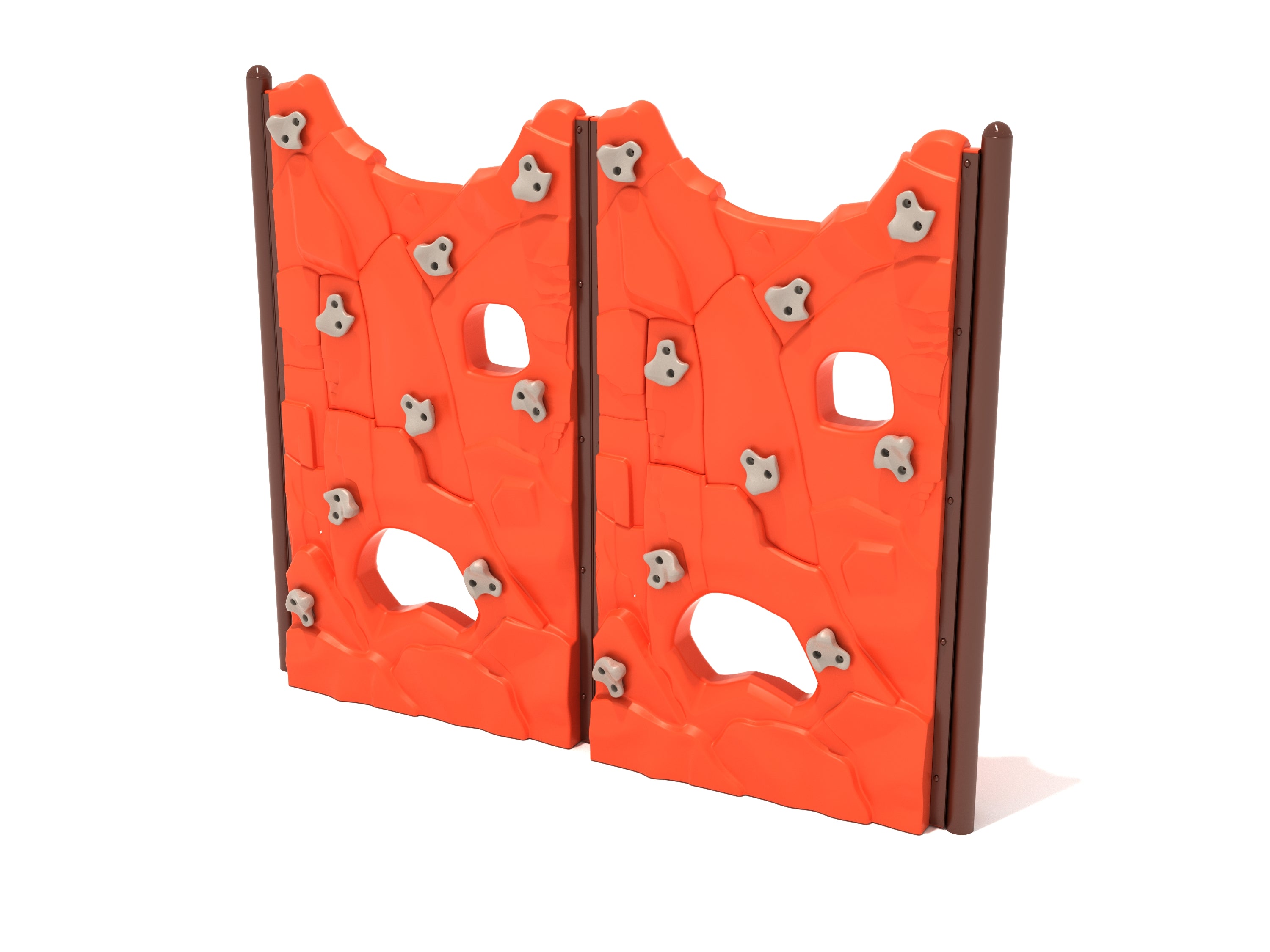 Bright orange double-panel freestanding rock climbing wall with gray handholds and cut-through windows for active play