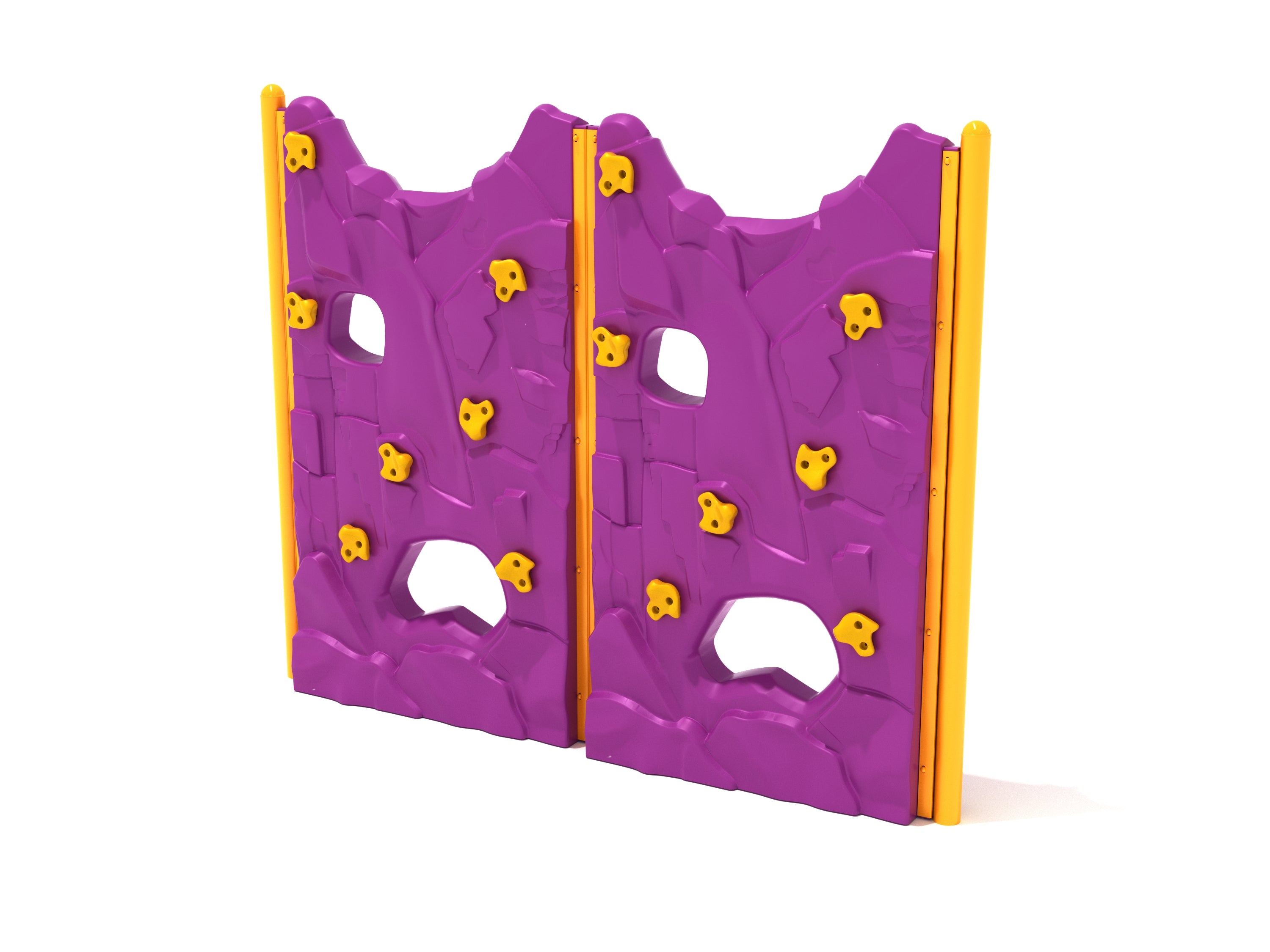 Purple double-panel rock climbing wall with yellow handholds and cut-through windows for active playground climbing