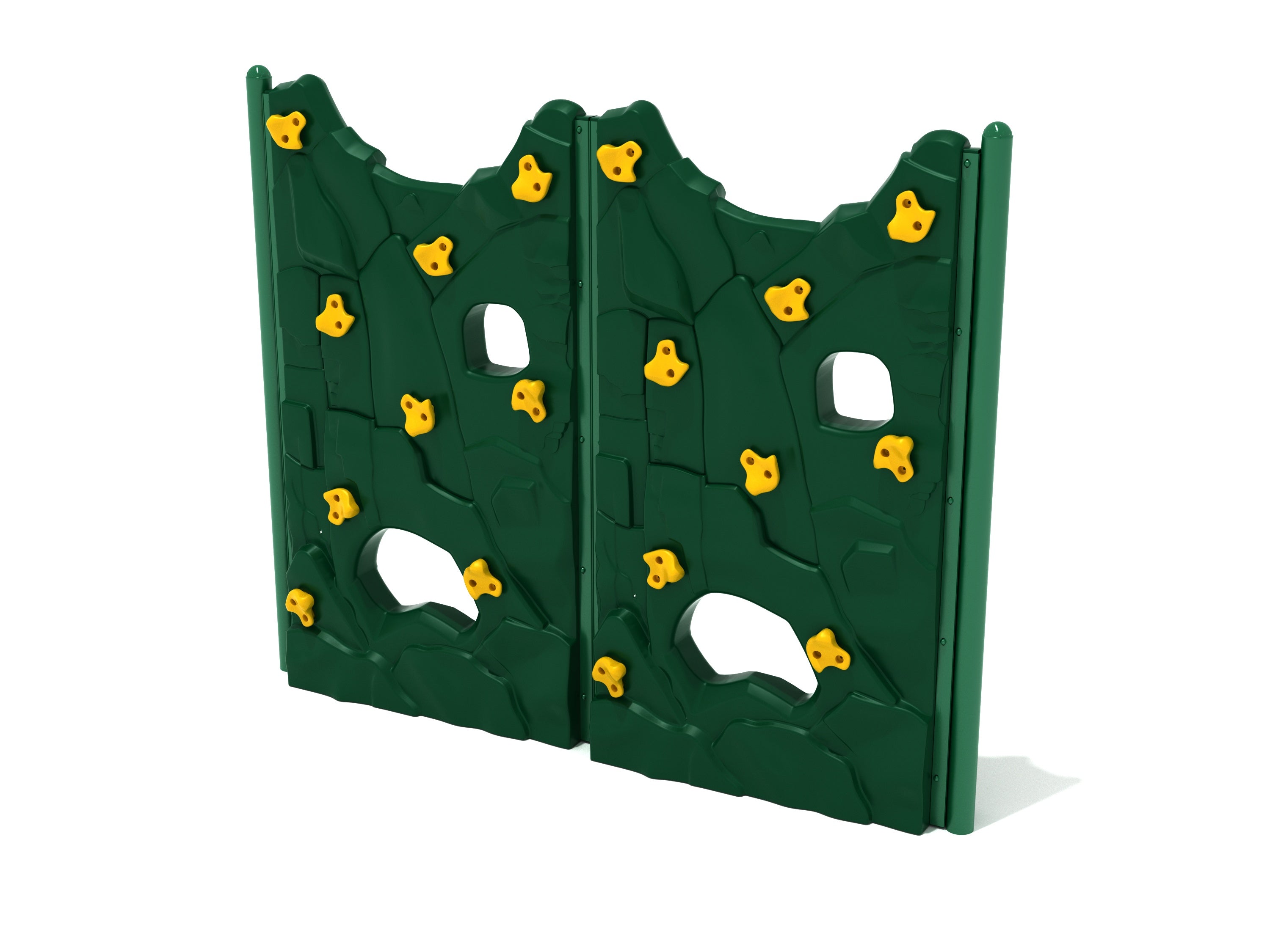 Green double-panel freestanding climbing wall with yellow handholds and cut-through windows for varied routes and active play