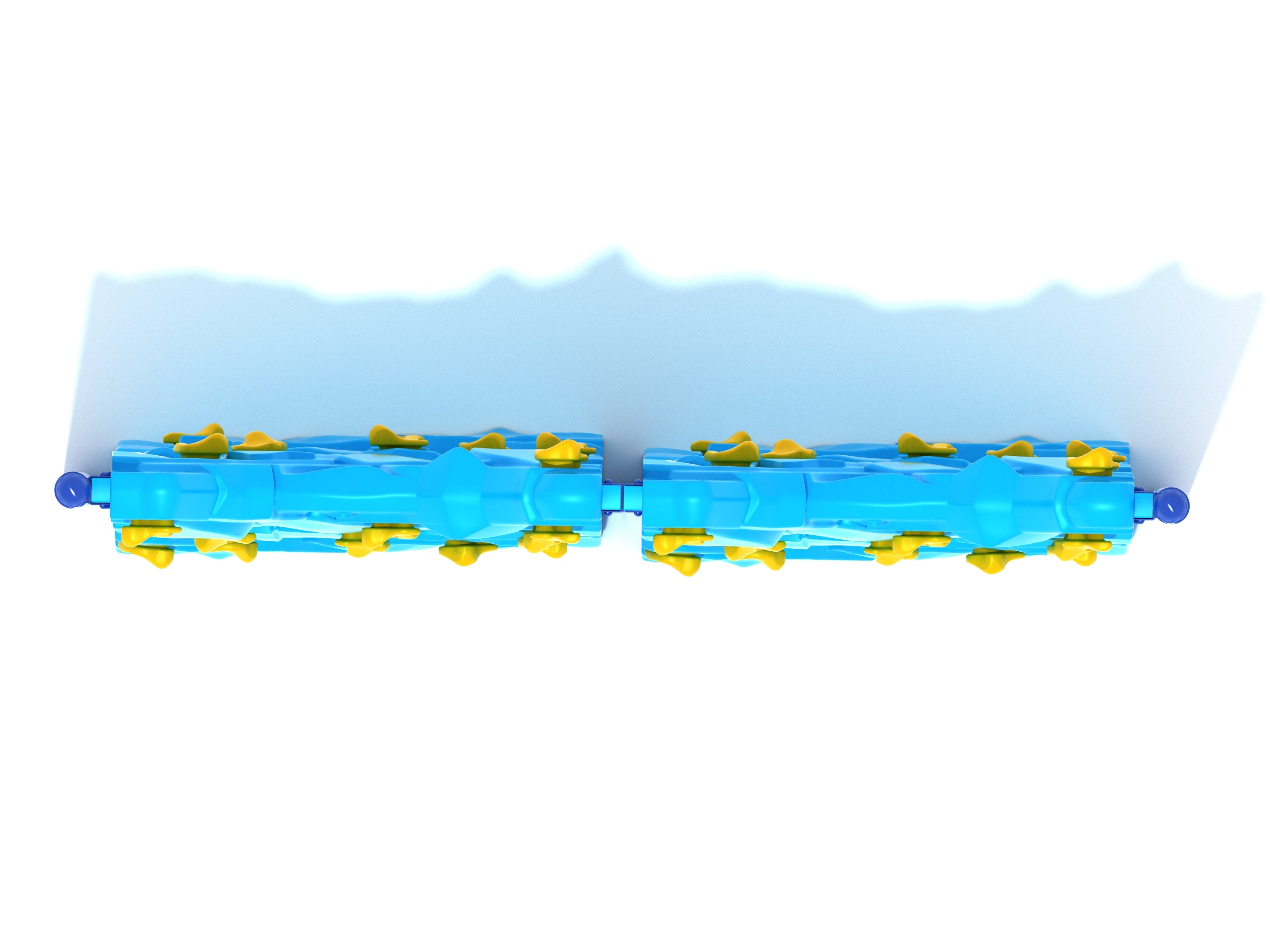 Overhead view of double parallel blue climbing wall panels with yellow handholds and cut-through windows