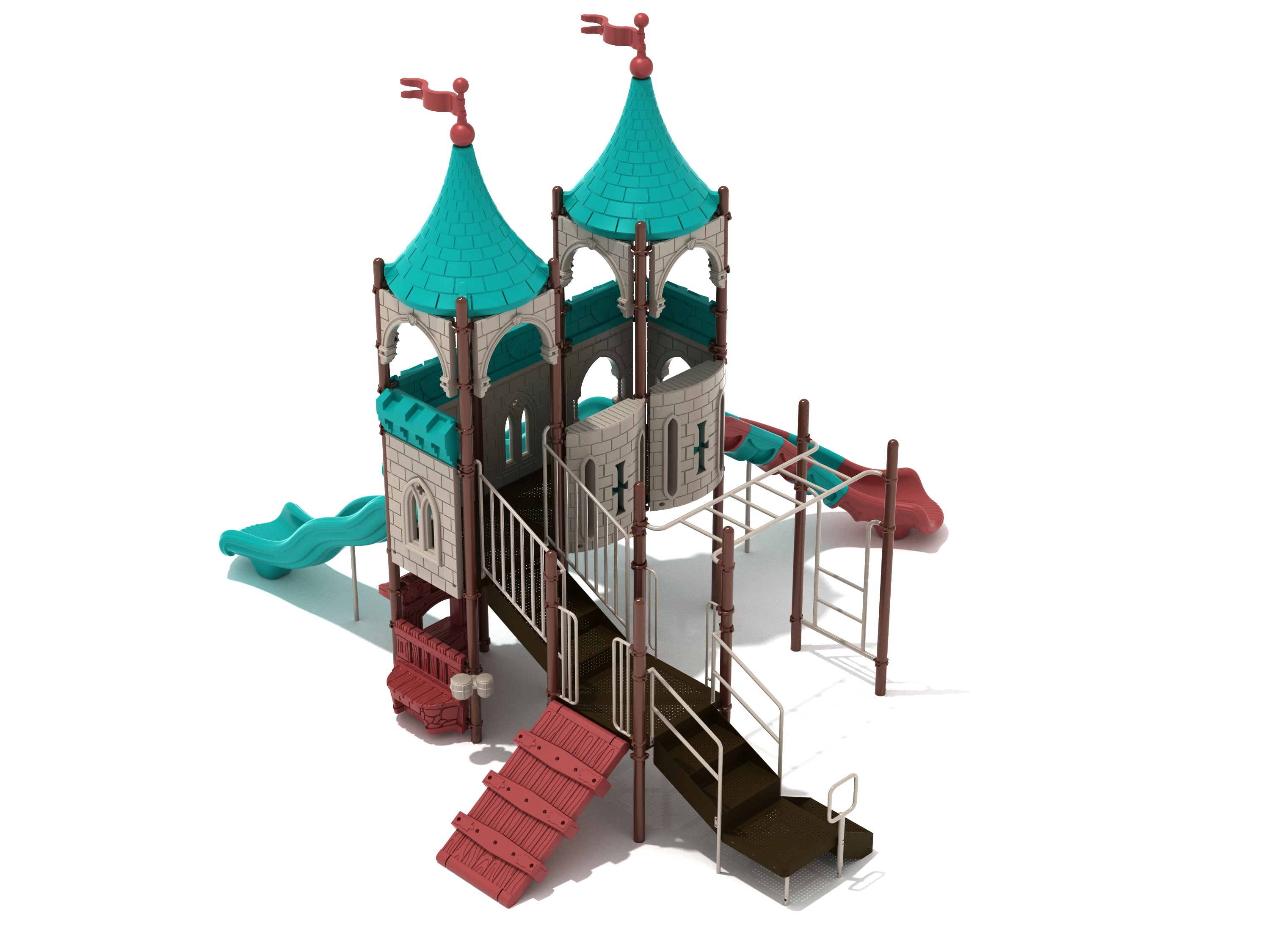 Castle-themed playground with teal turret roofs, red slides, climbing ramp, overhead ladder, and interactive play panels.