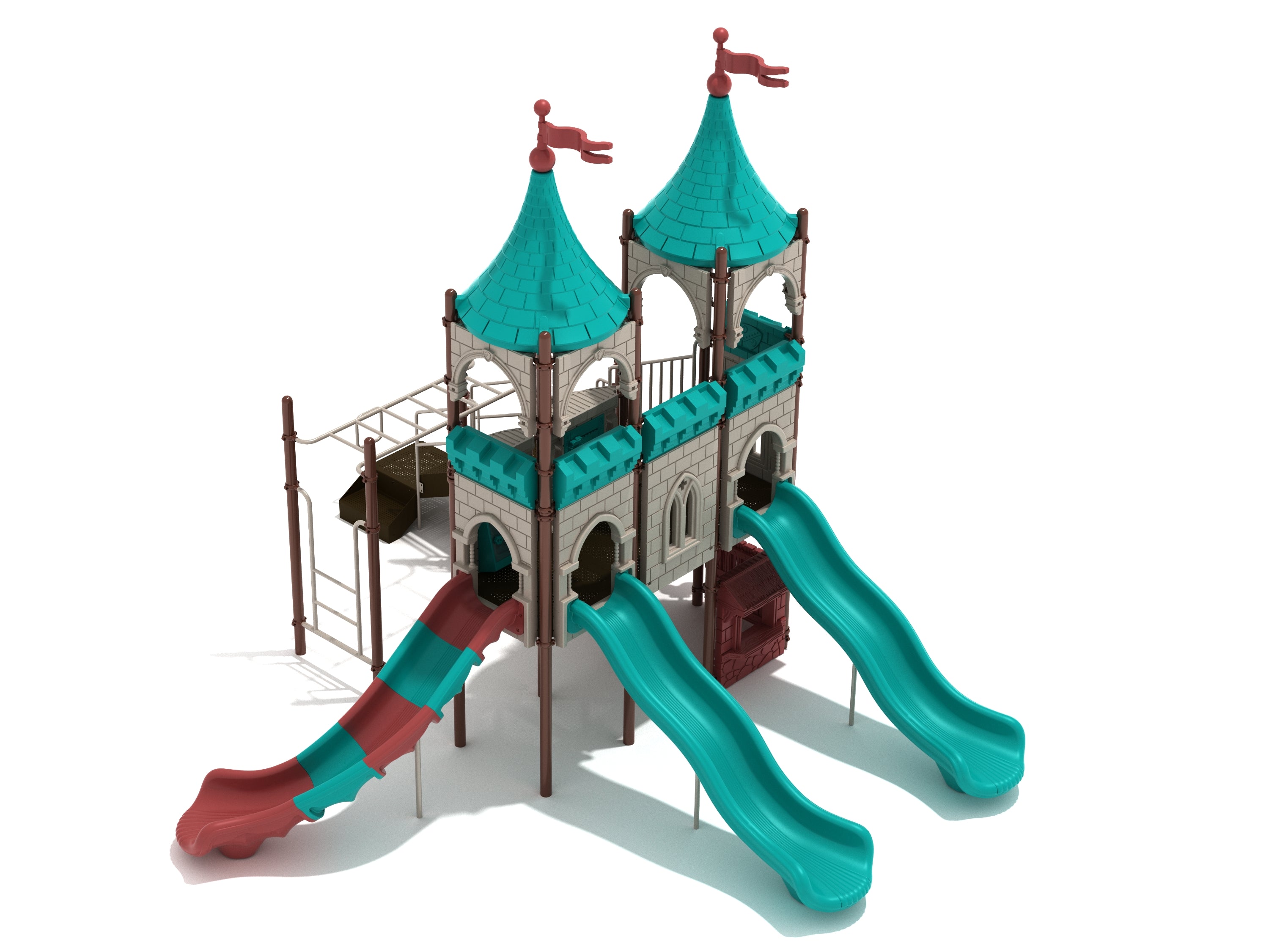 Watling Wardship Playground with castle towers, teal and red slides, climbing features, and interactive play panels