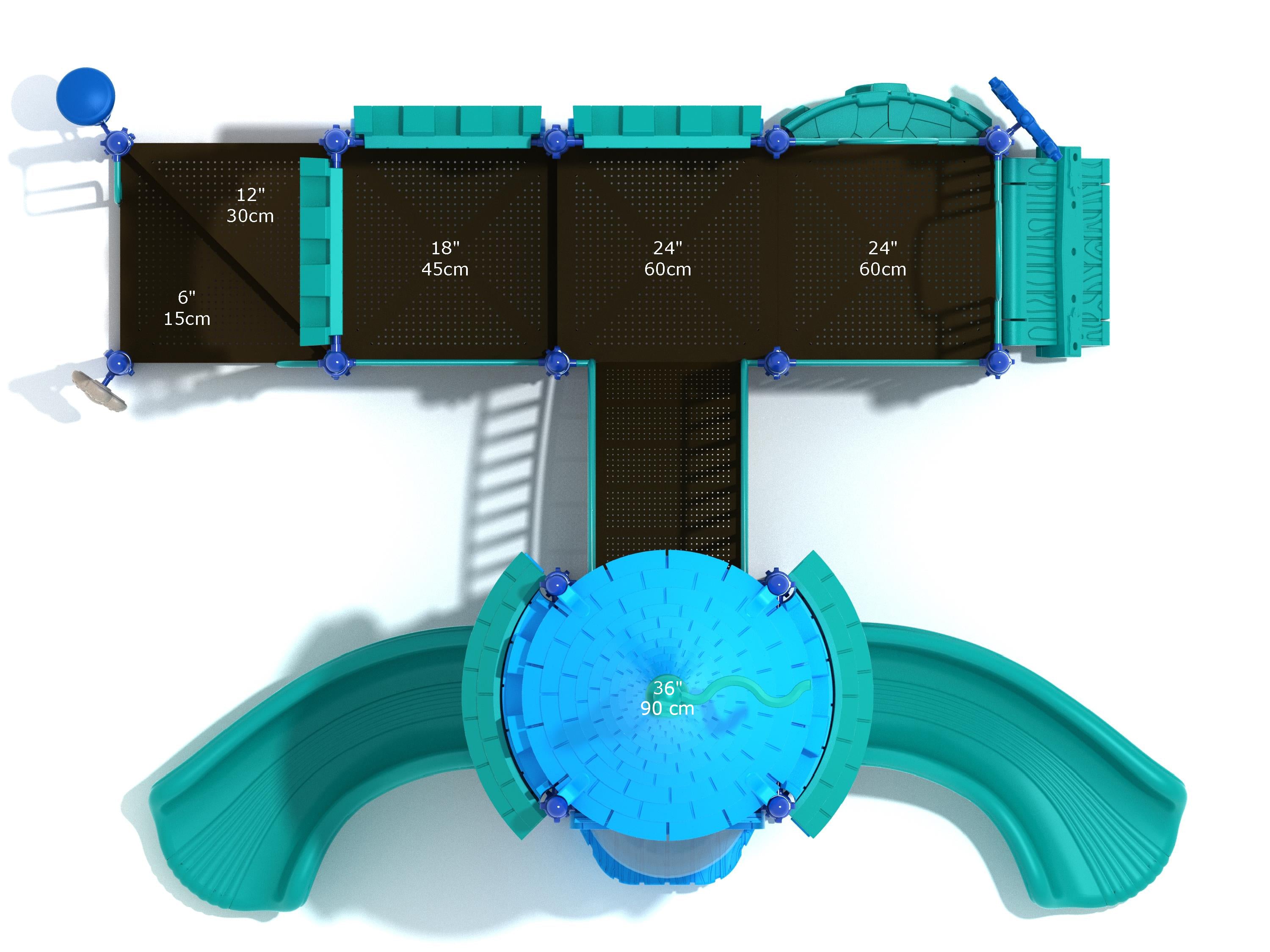 Overhead view of teal and blue castle-themed playground with central tower, curved slides, stairs, climbers, and interactive panels