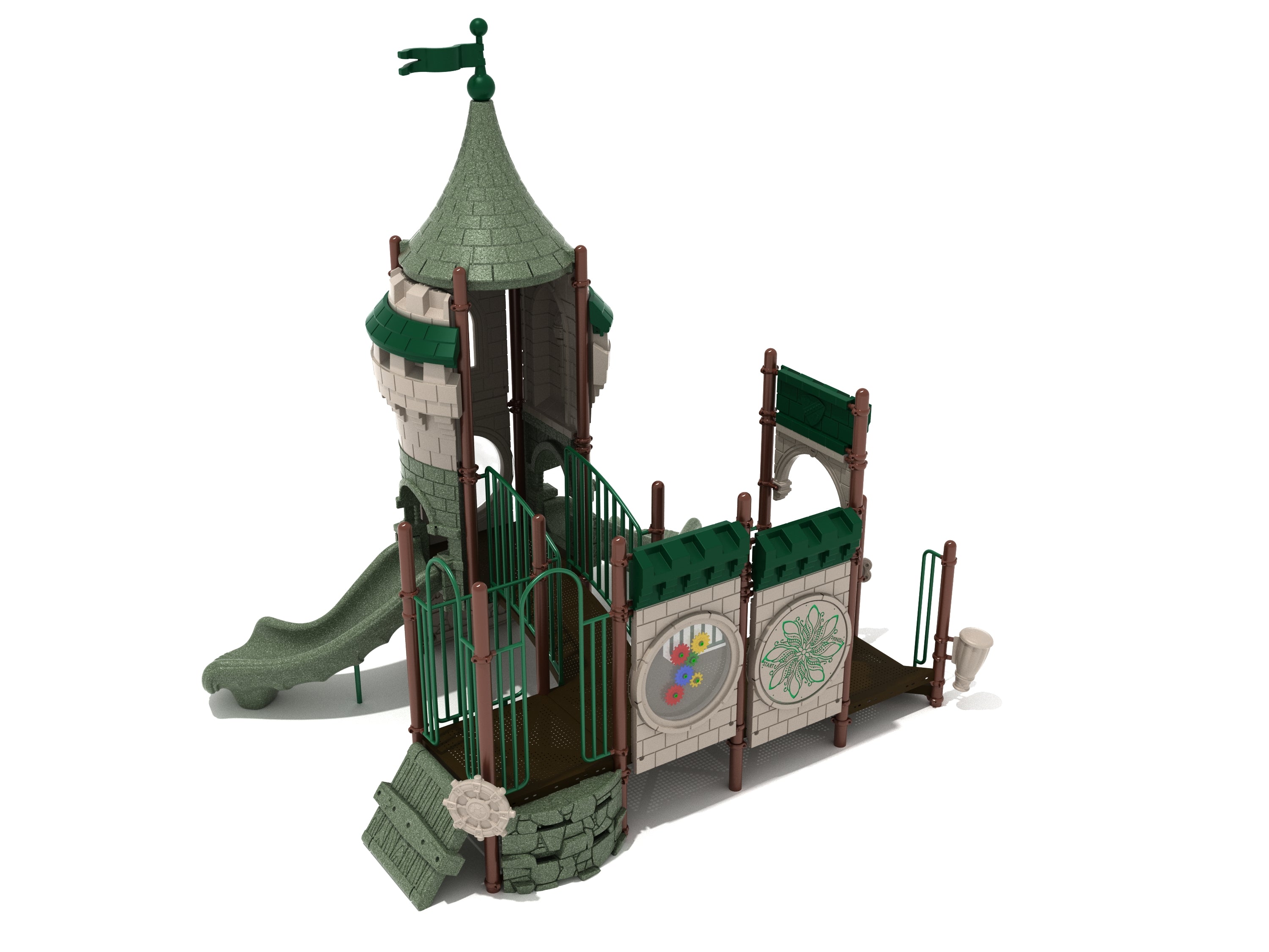 Castle-themed playground with tall tower, flag, curving slide, climber, and interactive gear panels for active play and exploration.