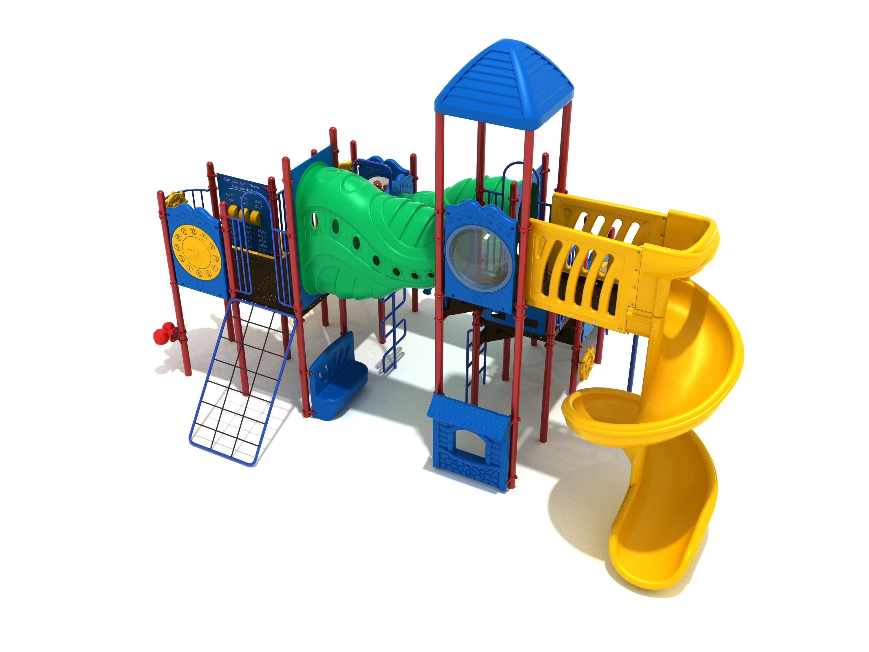 Soda Springs Playground large play system with yellow spiral slide, green tunnel, blue activity panels, and red support poles