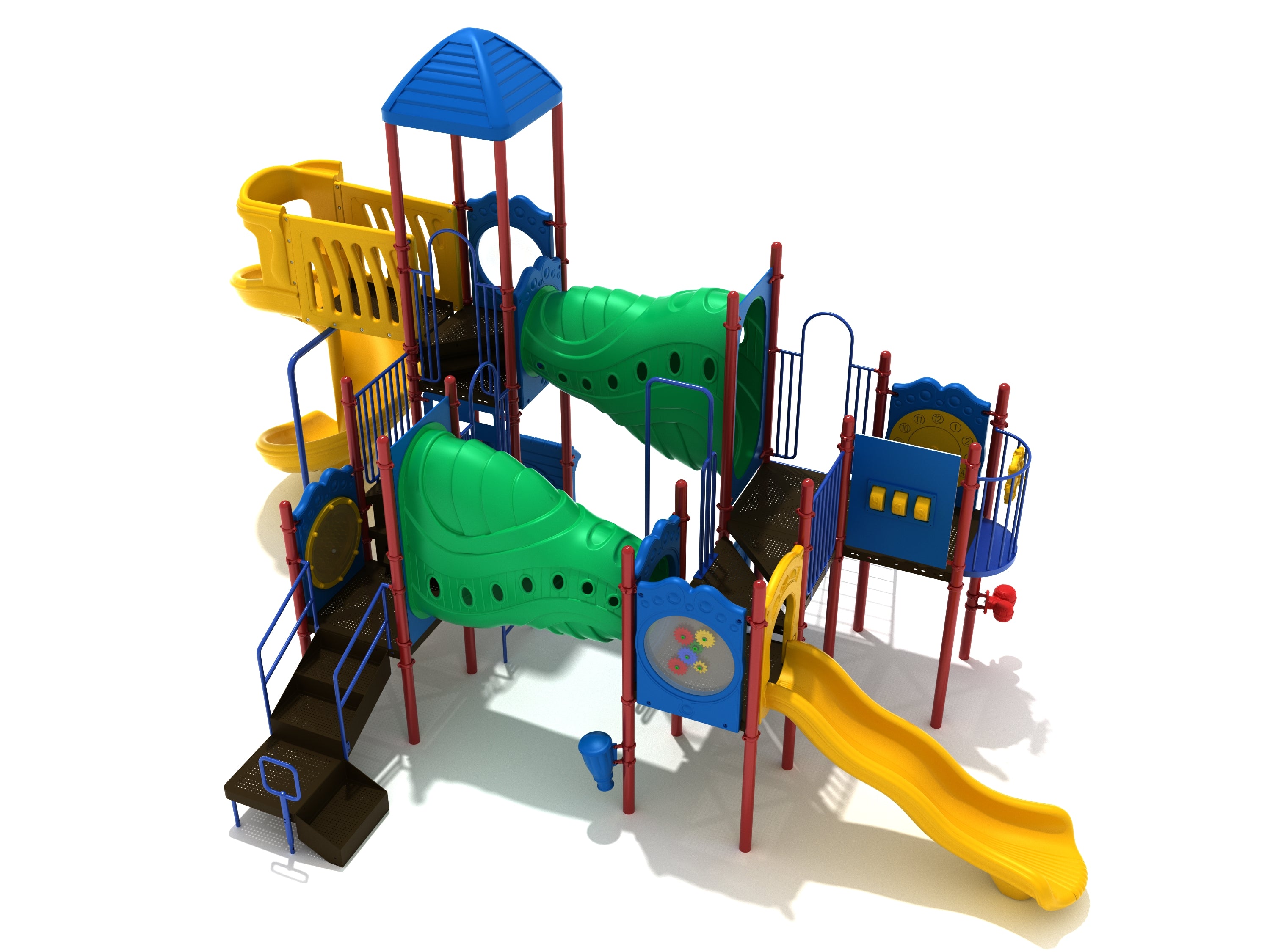 Colorful commercial playground structure with slides, climbing tunnels, activity panels, and a blue roof viewed at an angle
