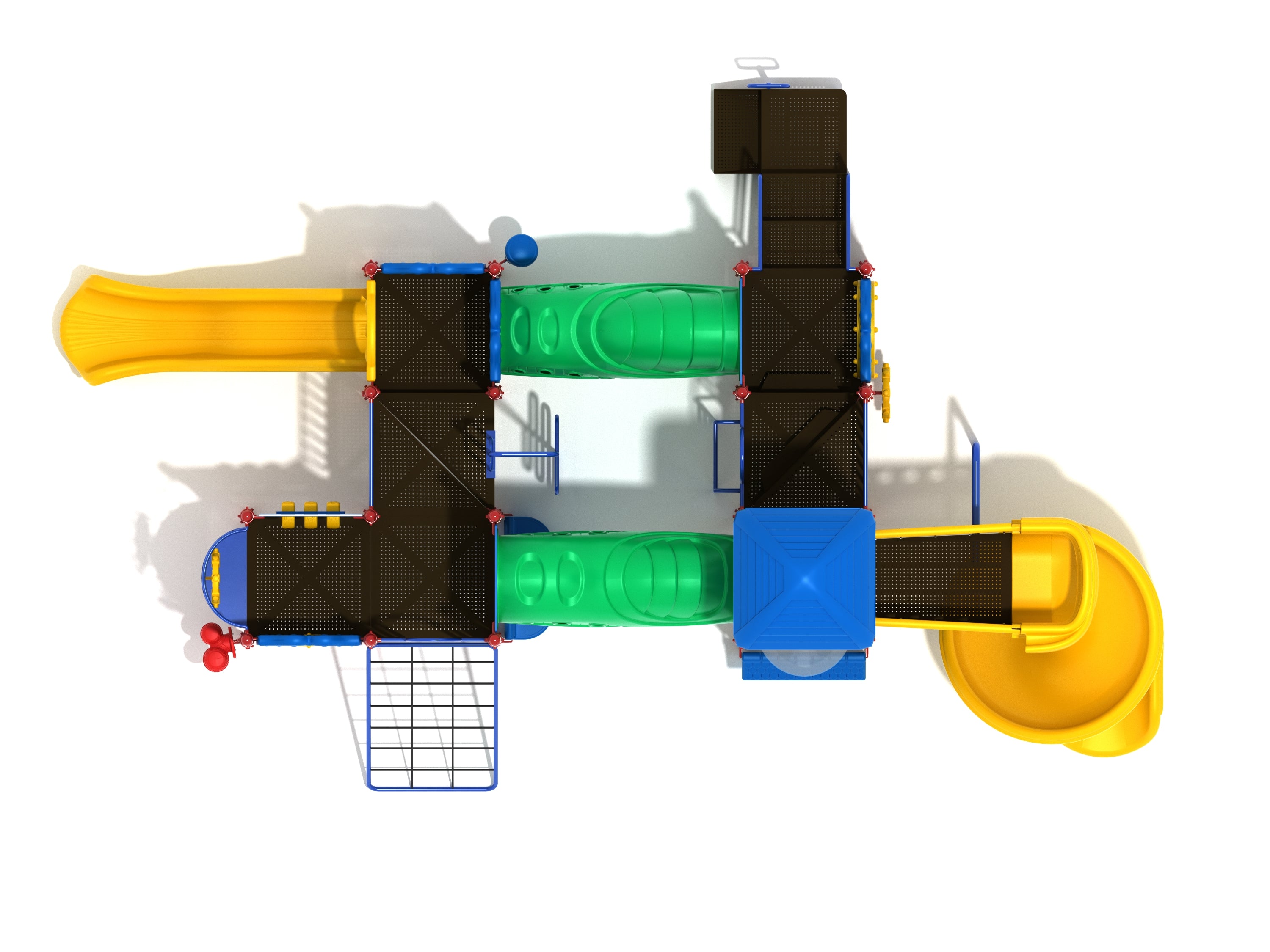 Overhead view of colorful commercial playground with yellow slides, green tunnels, blue climbing frames, and multiple activity panels.