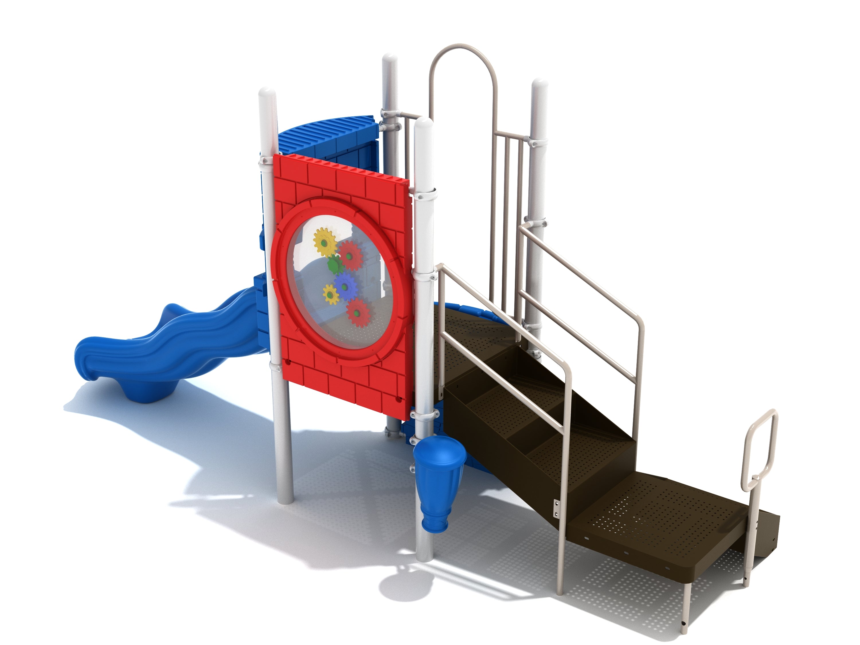 Traveling Troubadour Playground with blue wave slide, red gear panel, brown stairs, inclusive transfer station, and music play features