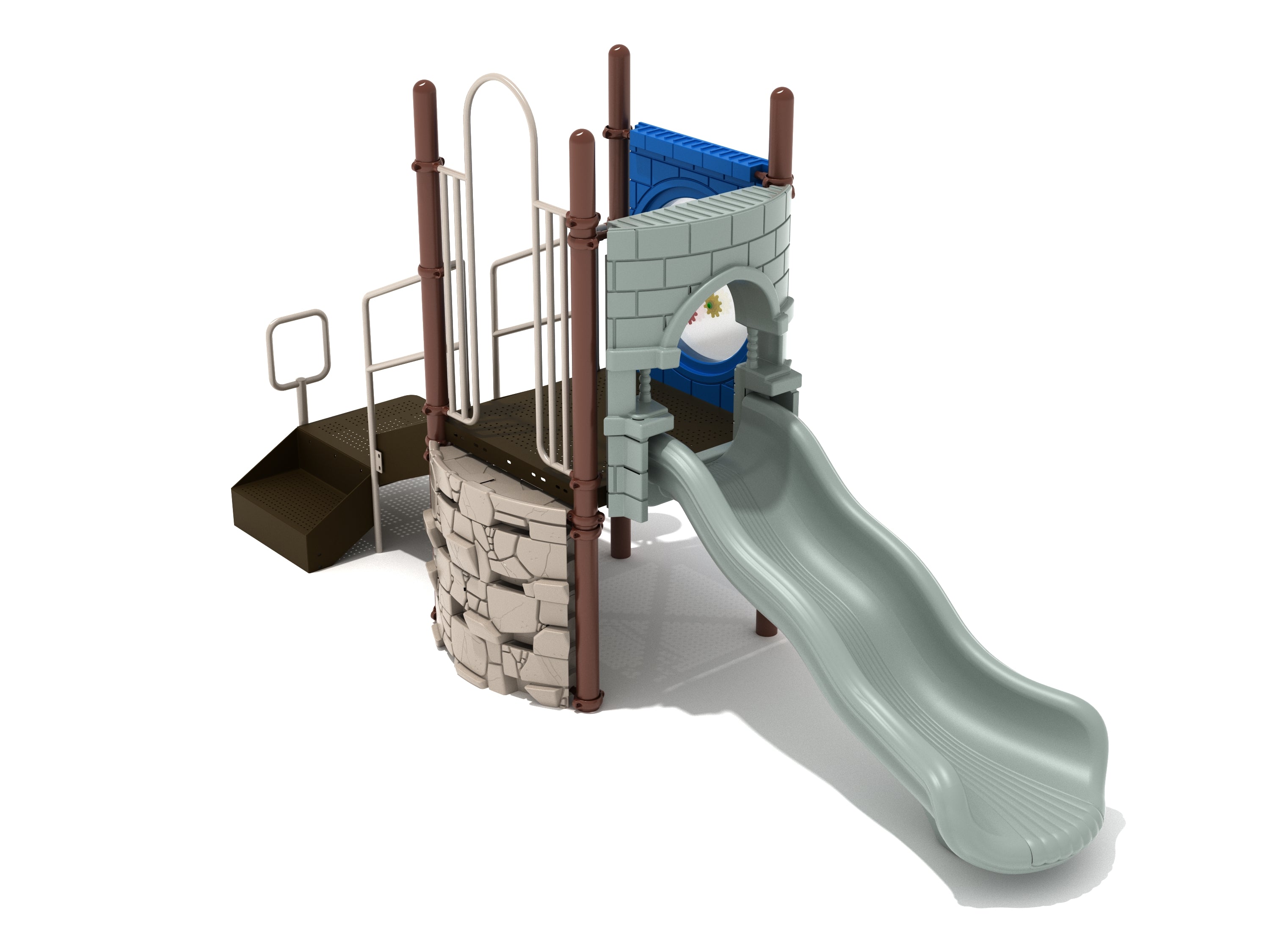 Compact playground with gray dual wave slide, stone-patterned climbing wall, blue activity panel, and brown support posts