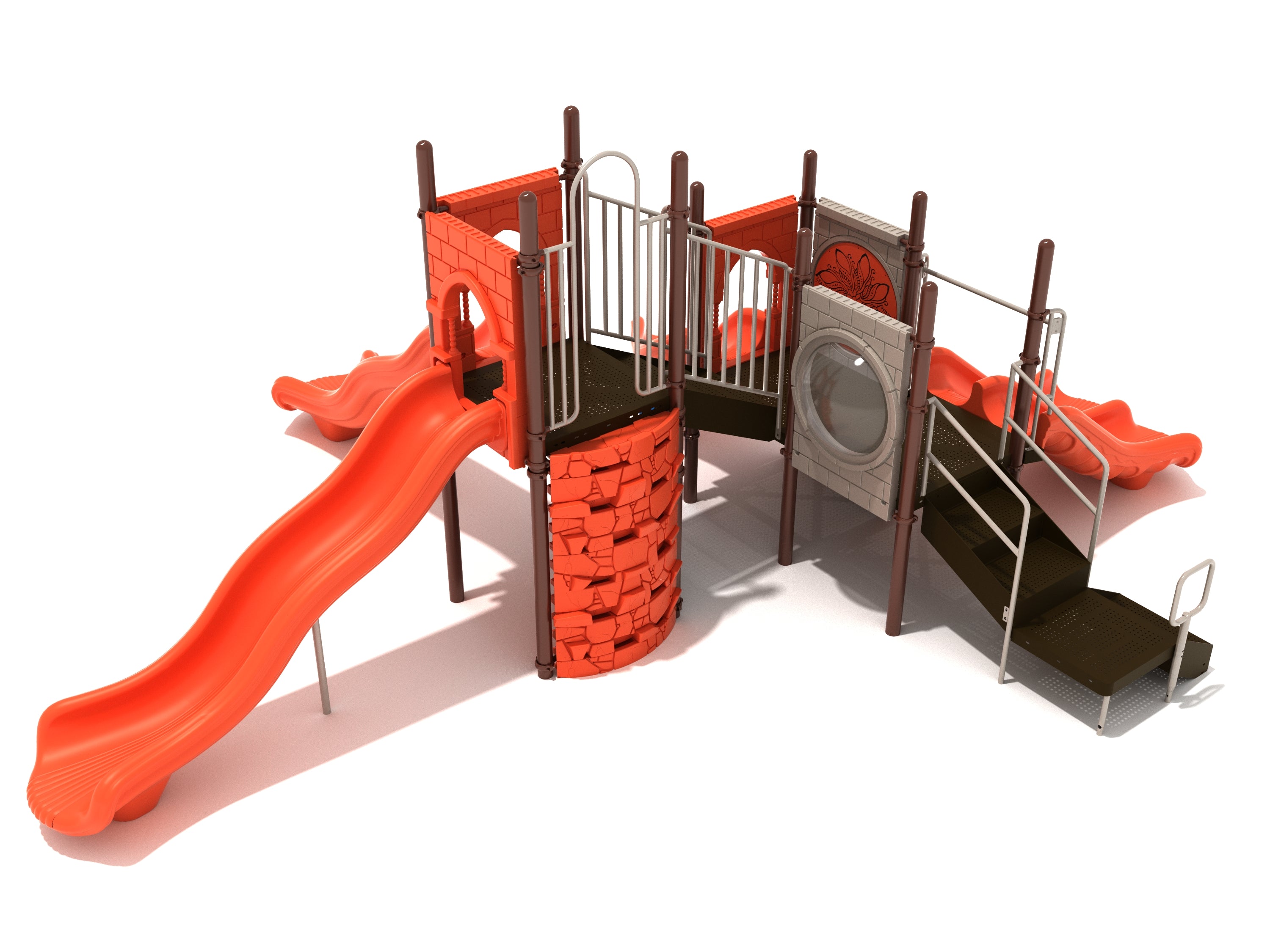 Castle-themed playground with orange slides, climbing wall, tactile panel, accessible ramp, and musical drum panel