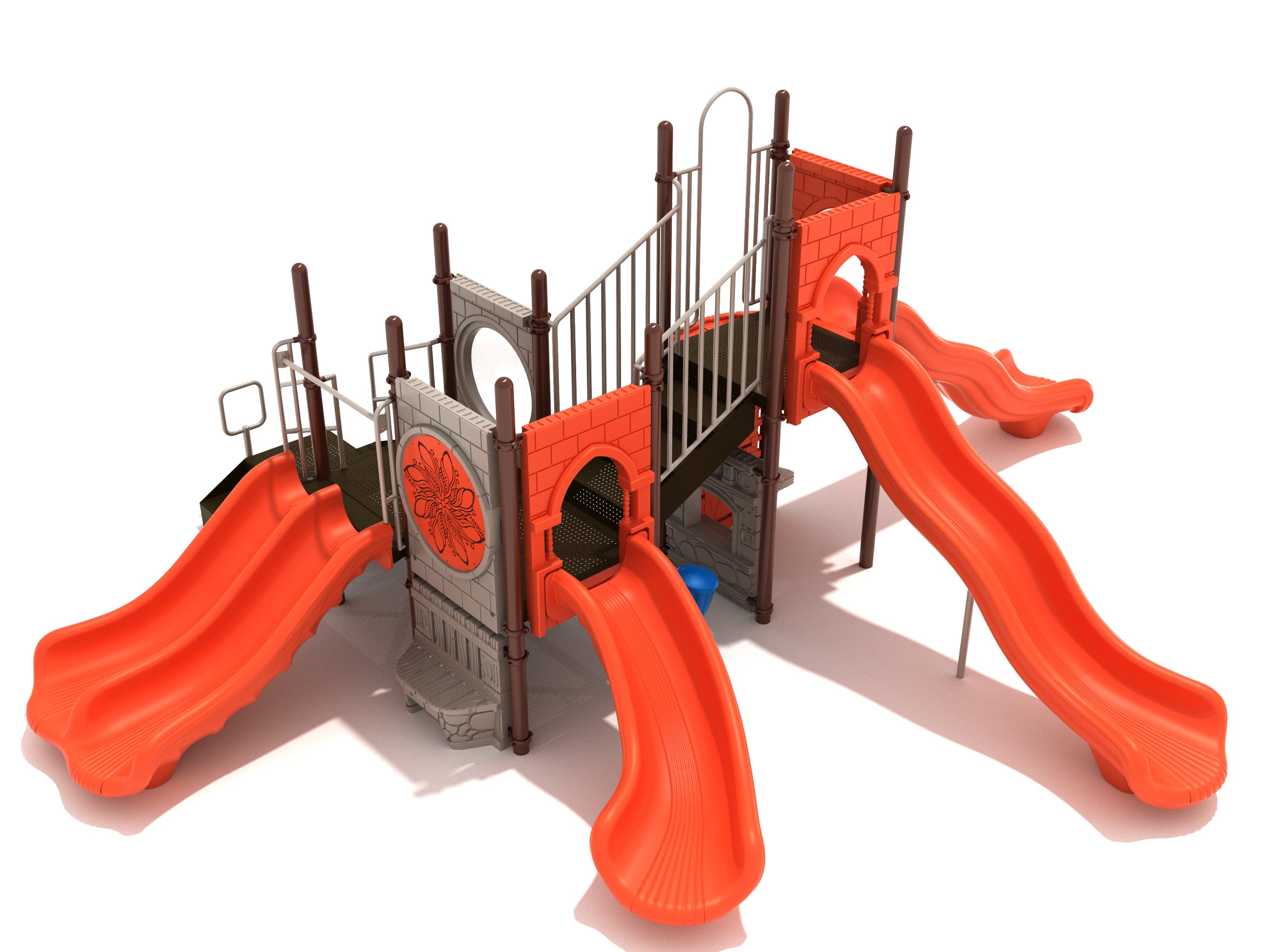 Rider's Reach Playground with castle-themed structure, multiple orange slides, climbing walls, interactive play panels, and musical elements