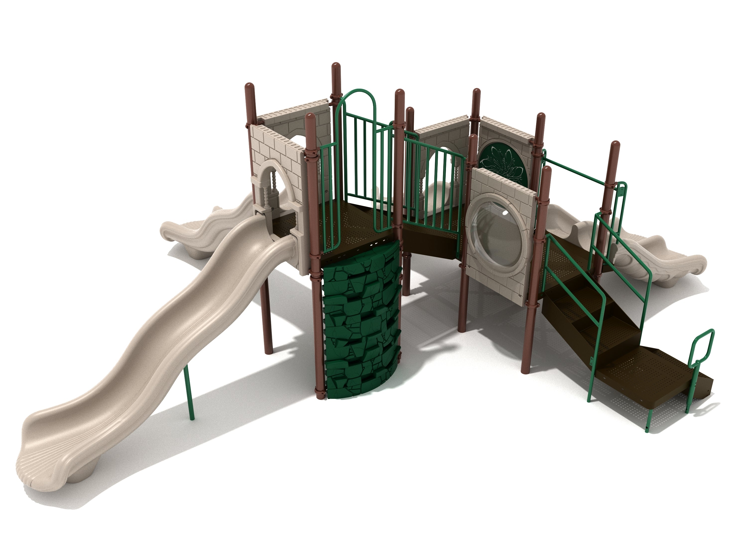 Castle-themed playground with dual beige slides, green rock climbing wall, stairs, and interactive play panels