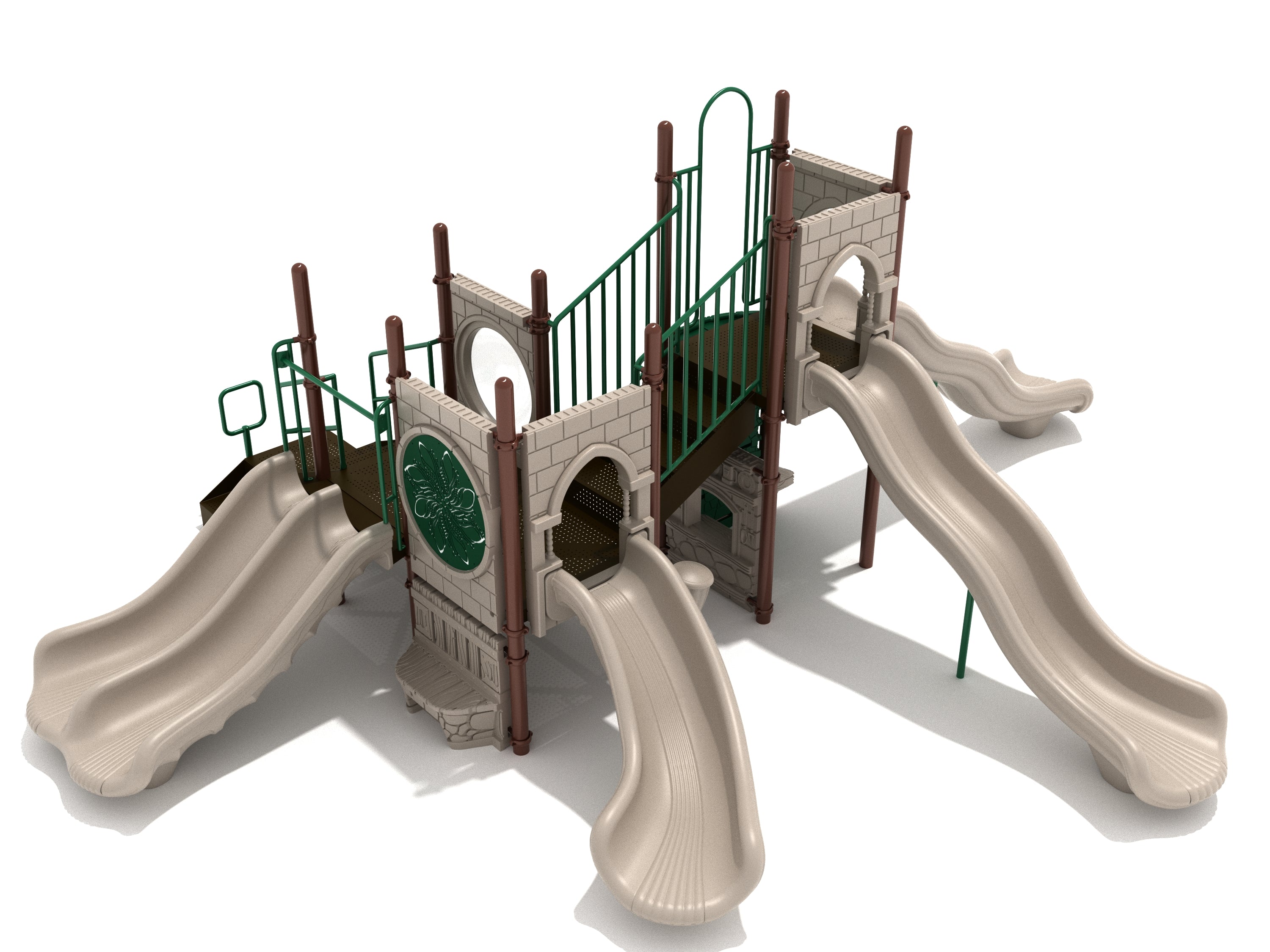 Castle-themed playground with beige slides, green railings, decorative panels, and multiple play features for active, imaginative play.