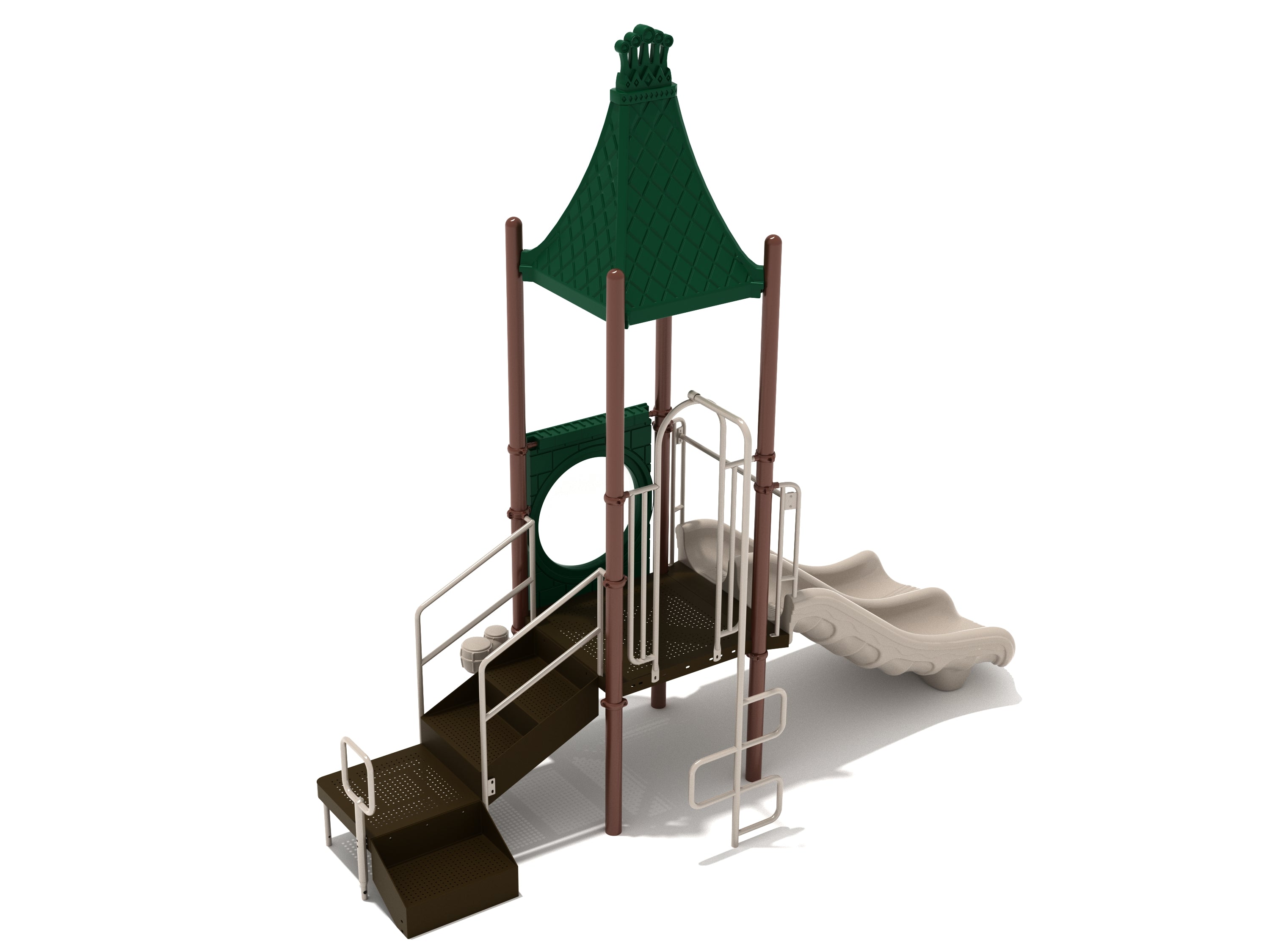 Compact playground structure with crowned roof, stairs, climbing ladder, bubble panel, and double slide in green and brown tones