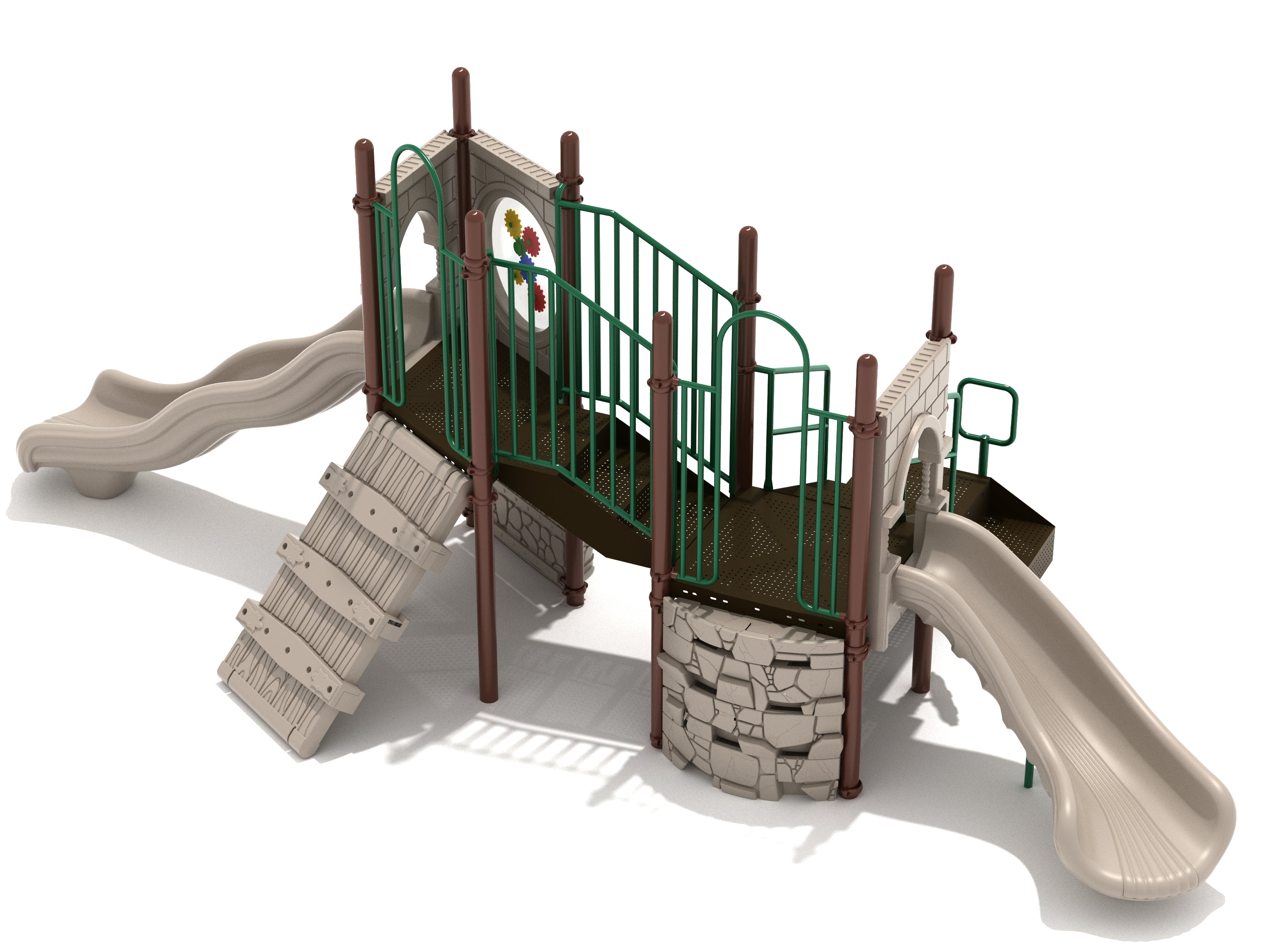 Elevated playground structure with dual slides, climbing wall, green railings, and interactive gear panel