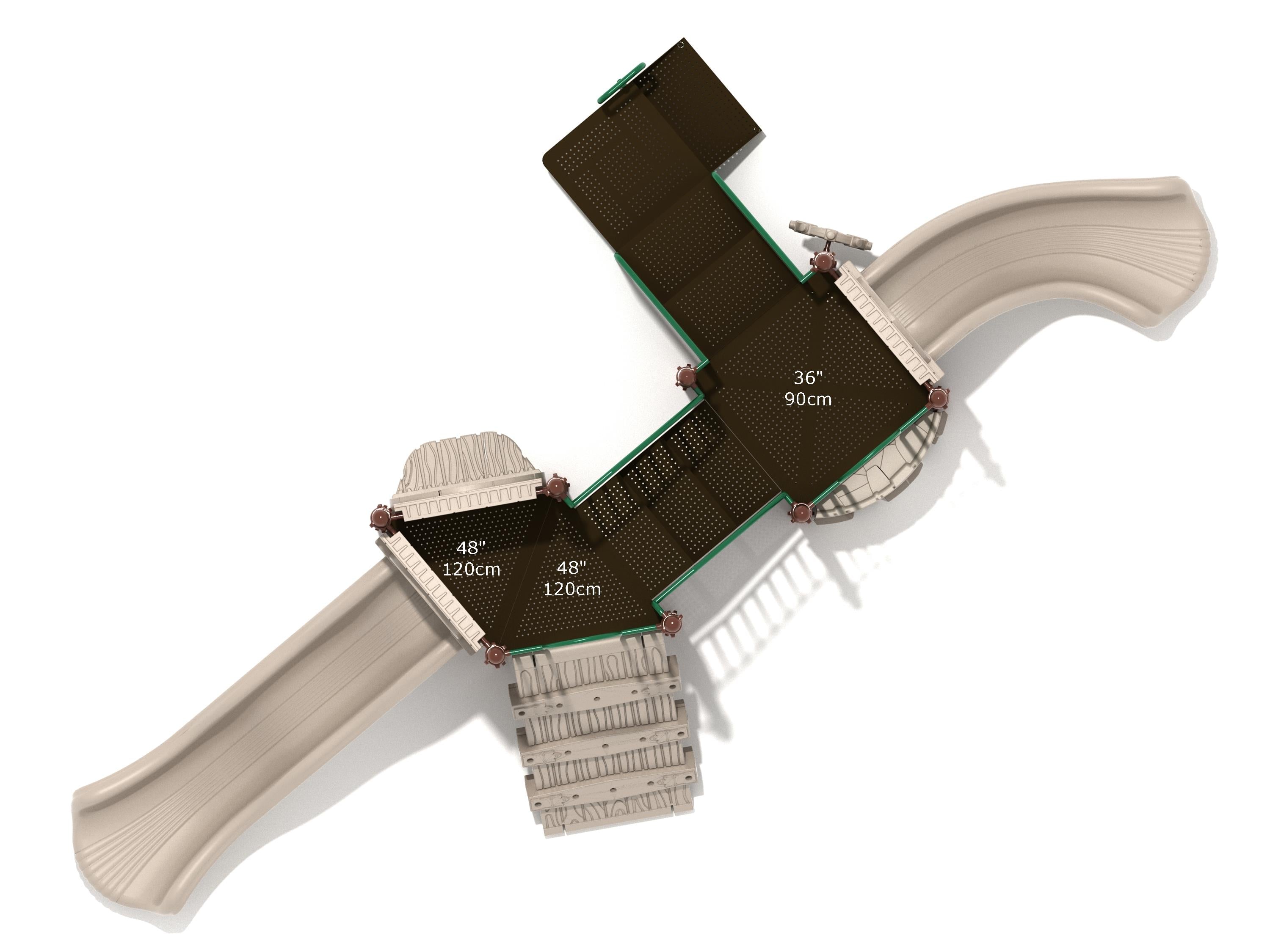 Overhead view of playground with beige slides, brown platforms, climbing features, and interactive play panels