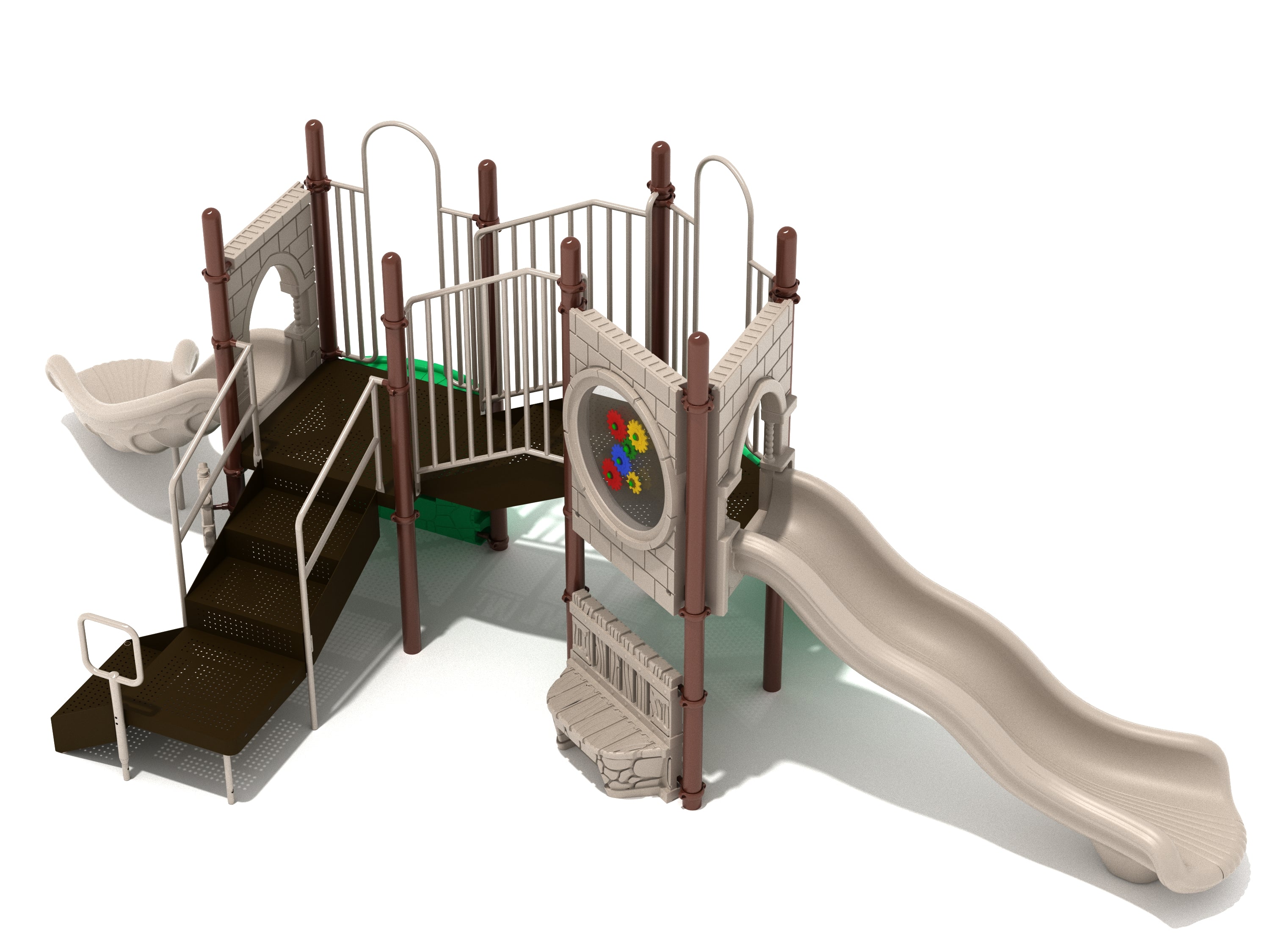 Overhead view of beige and brown playground structure with double wave slide, stairs, gear panel, and bench panel