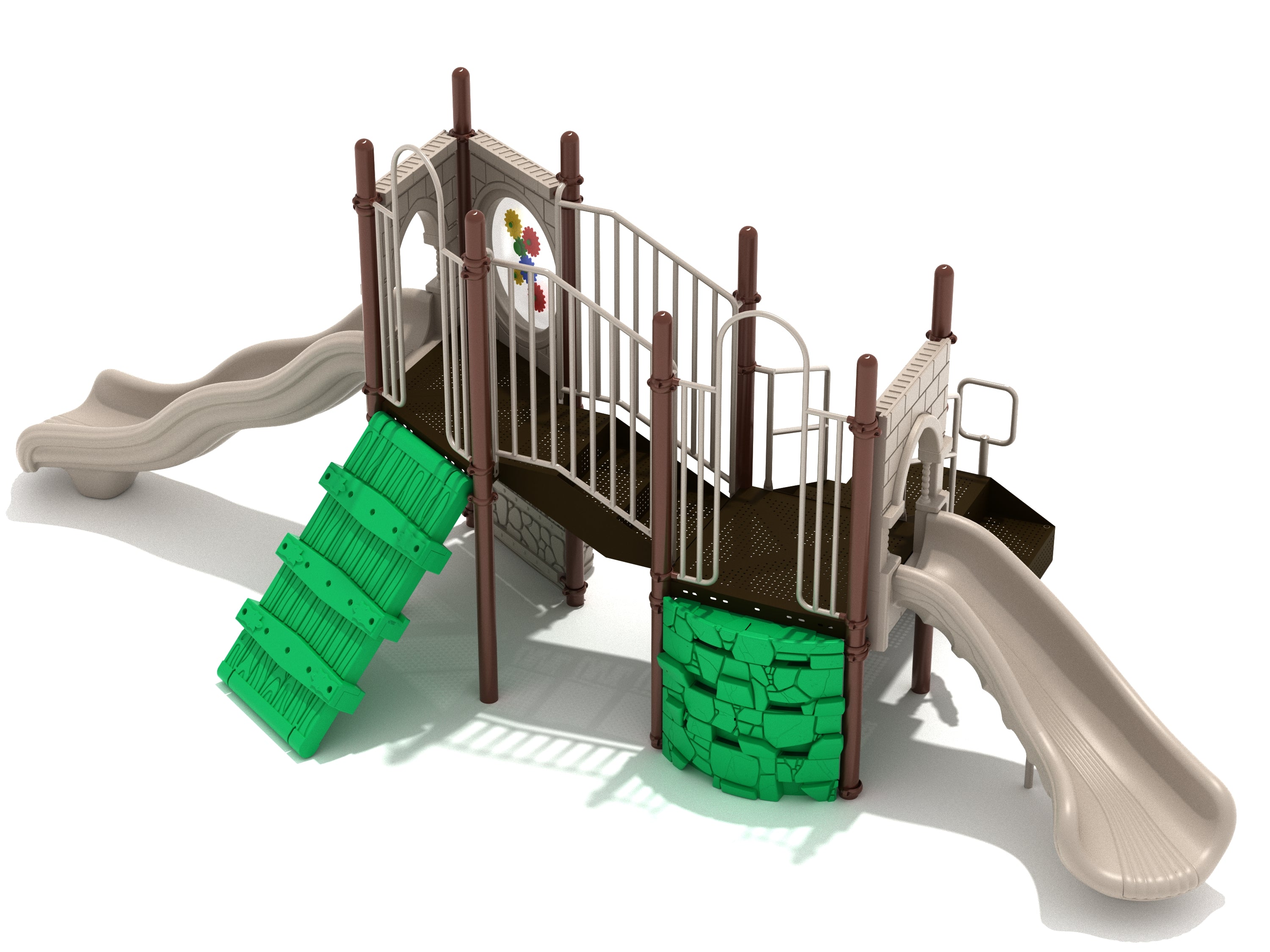 Playground structure with beige slides, green climbing panels, brown posts, and a gear activity panel.