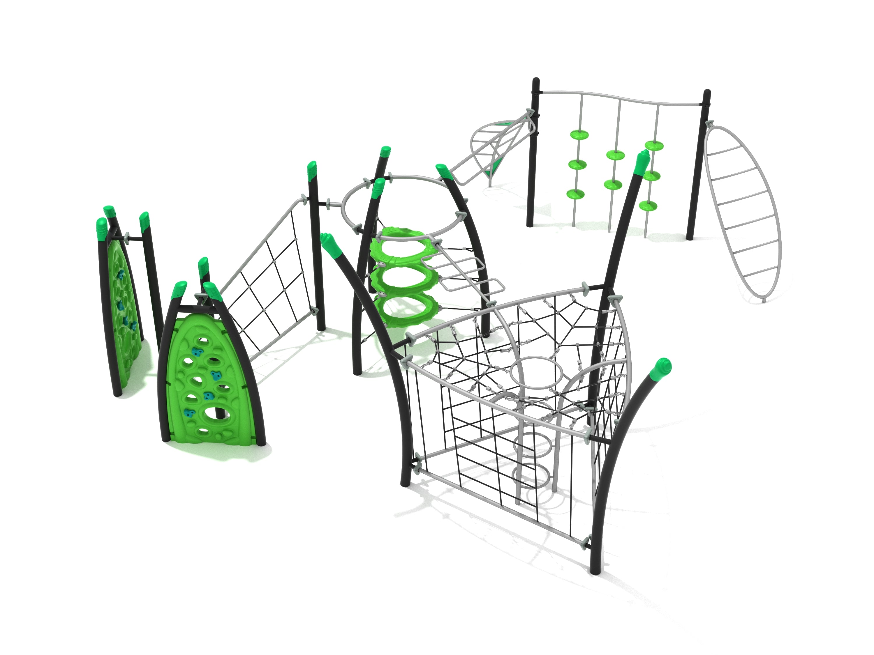 Playground structure featuring climbing nets, green climbing walls, circular stepping discs, and overhead bars for active play and agility development