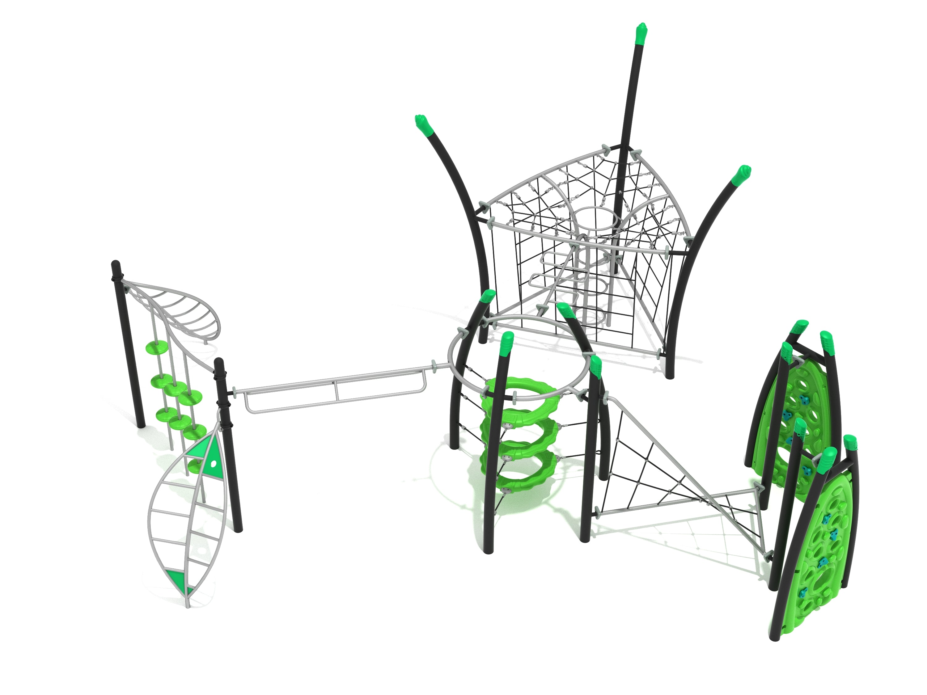 Playground structure featuring climbing nets, green climbing walls, circular rings, and connecting bars for active play and agility development