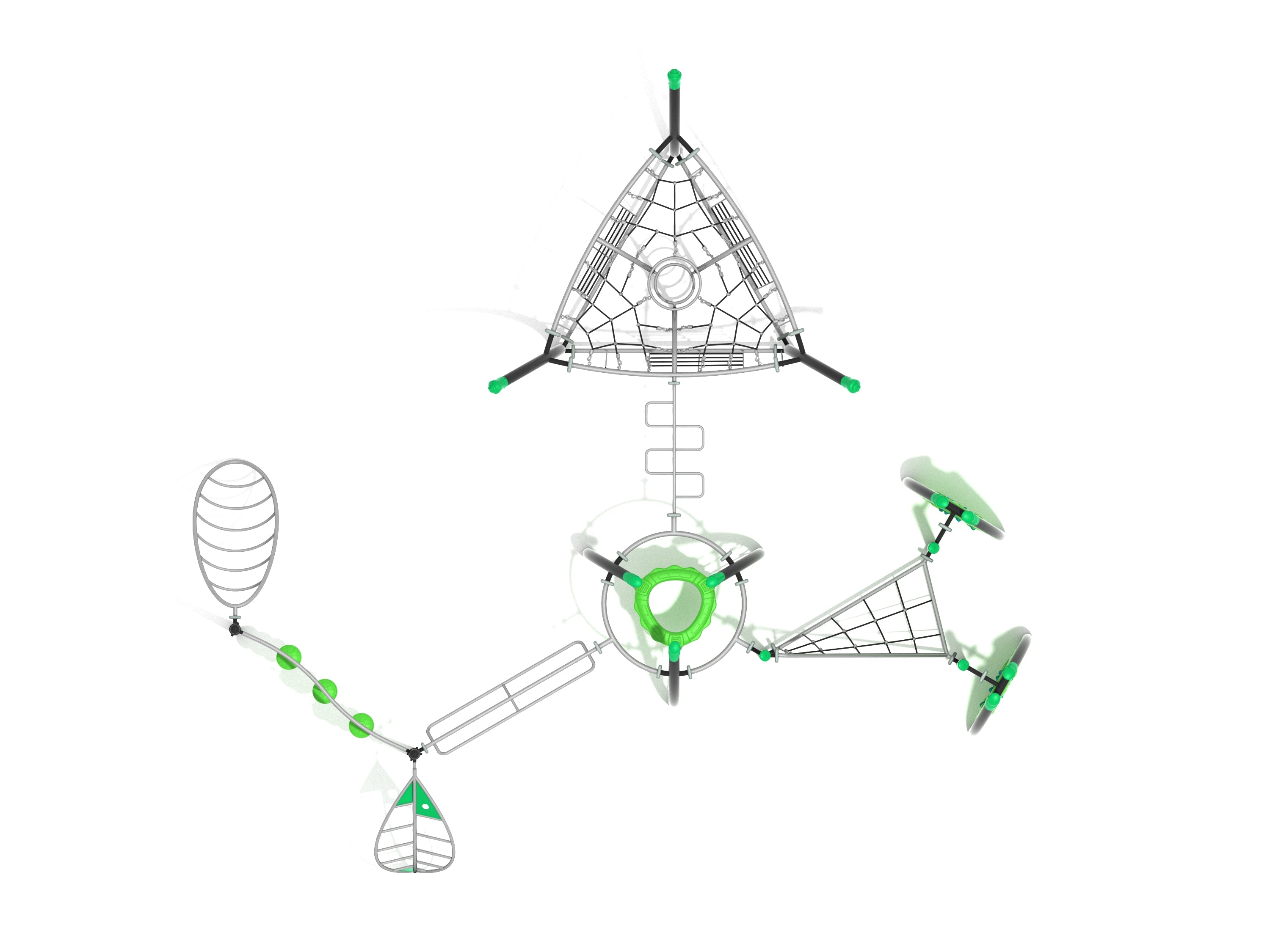 Overhead view of a large playground fitness course featuring climbing nets, circular platforms, and green-accented play structures