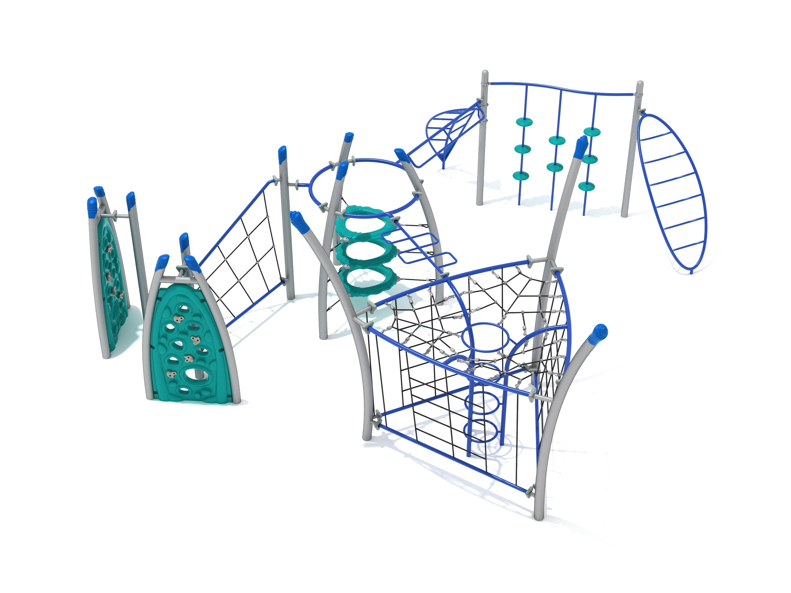 Modern playground fitness course with climbing nets, circular platforms, rope bridge, ladder structures in blue and teal colors