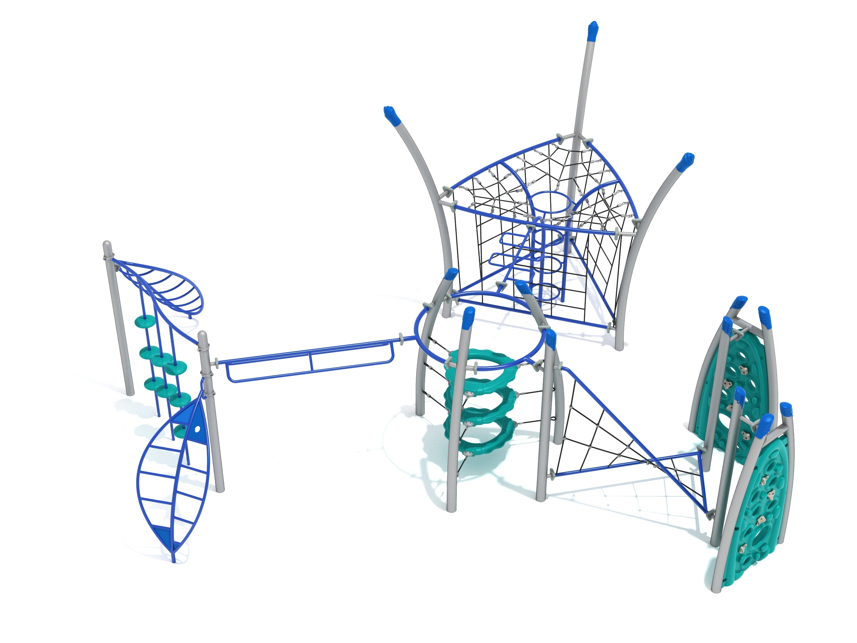Twin Falls Fitness Course Playground featuring climbing nets, circular rings, rope bridge, and vibrant blue-teal play structures