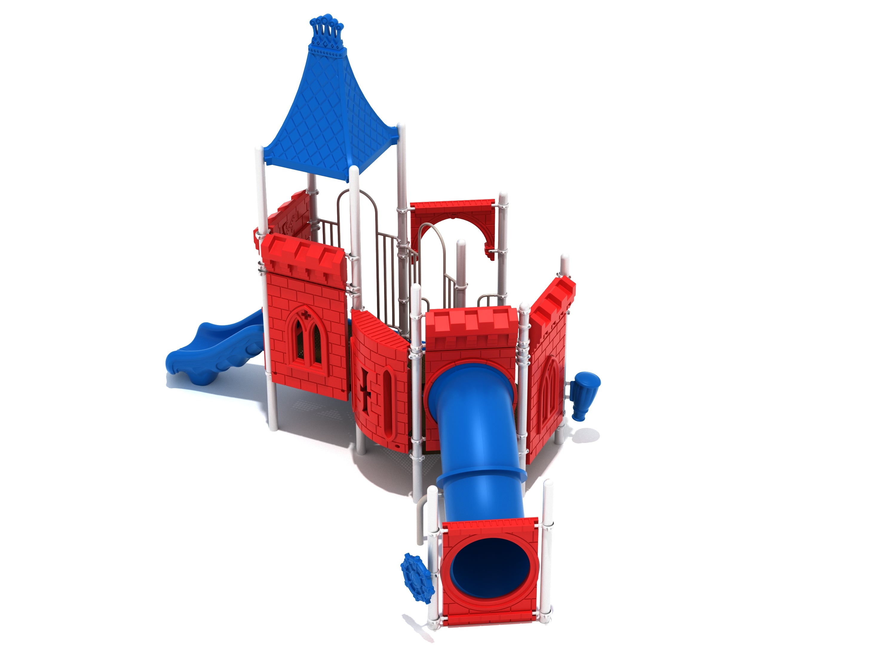 Cake Fort Playground with red castle panels, blue roof, tube slide, sensory and motor skill play features