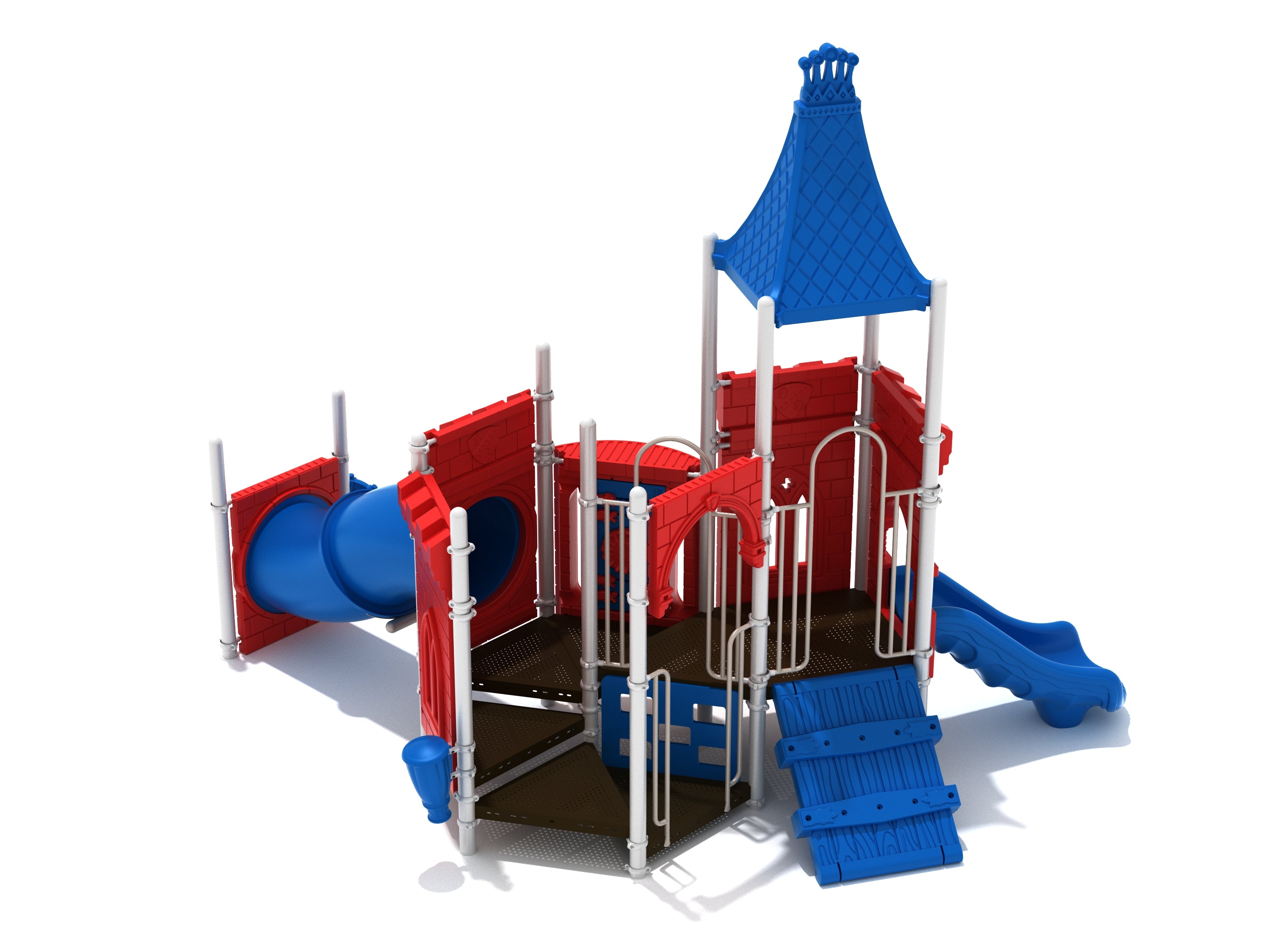 Castle-themed playground with red walls, blue roof, tube slide, straight slide, climbing ramp, and interactive play panels