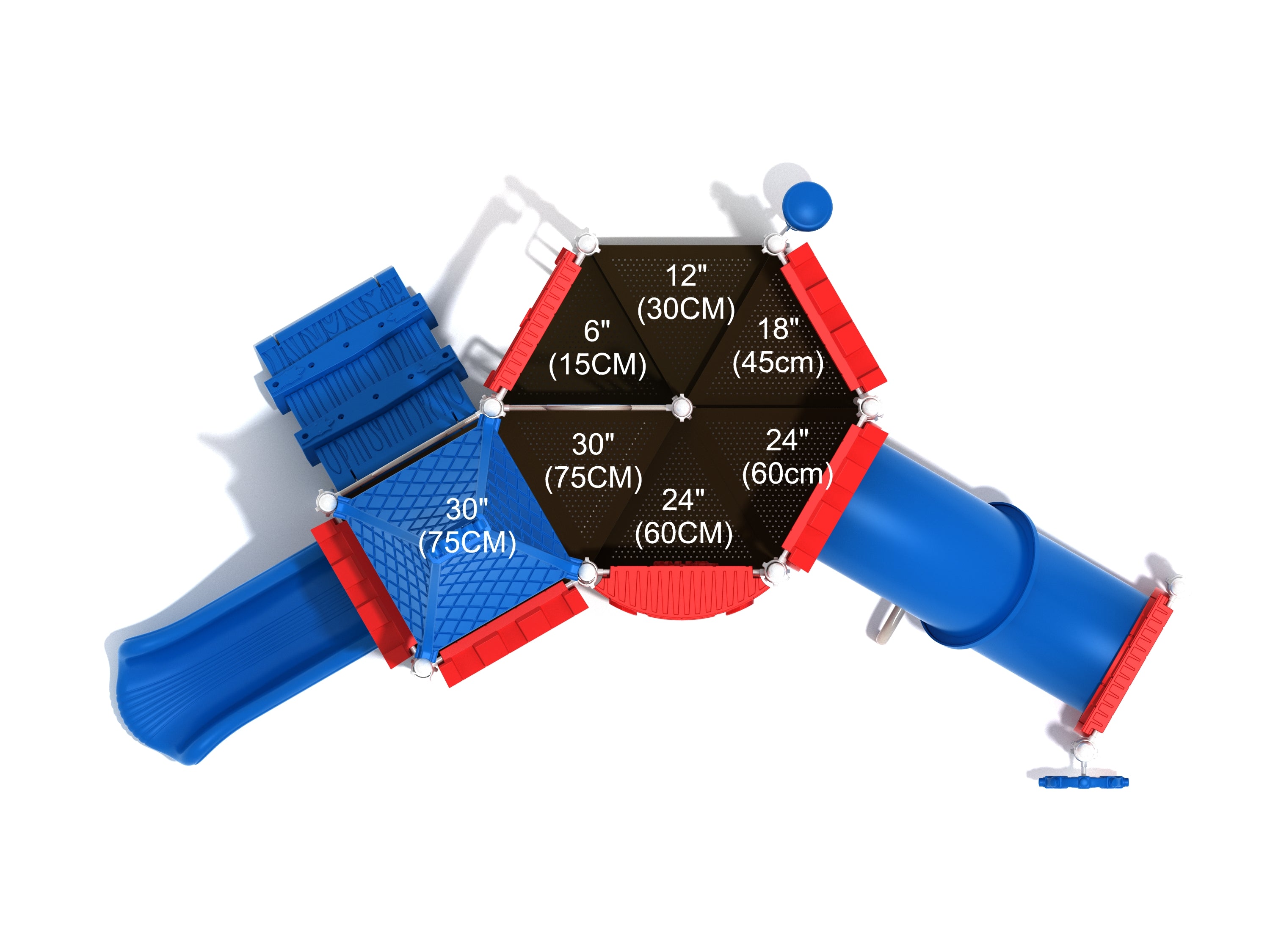 Overhead view of colorful playground with blue slides, red railings, hexagonal climbing platform, and interactive play panels