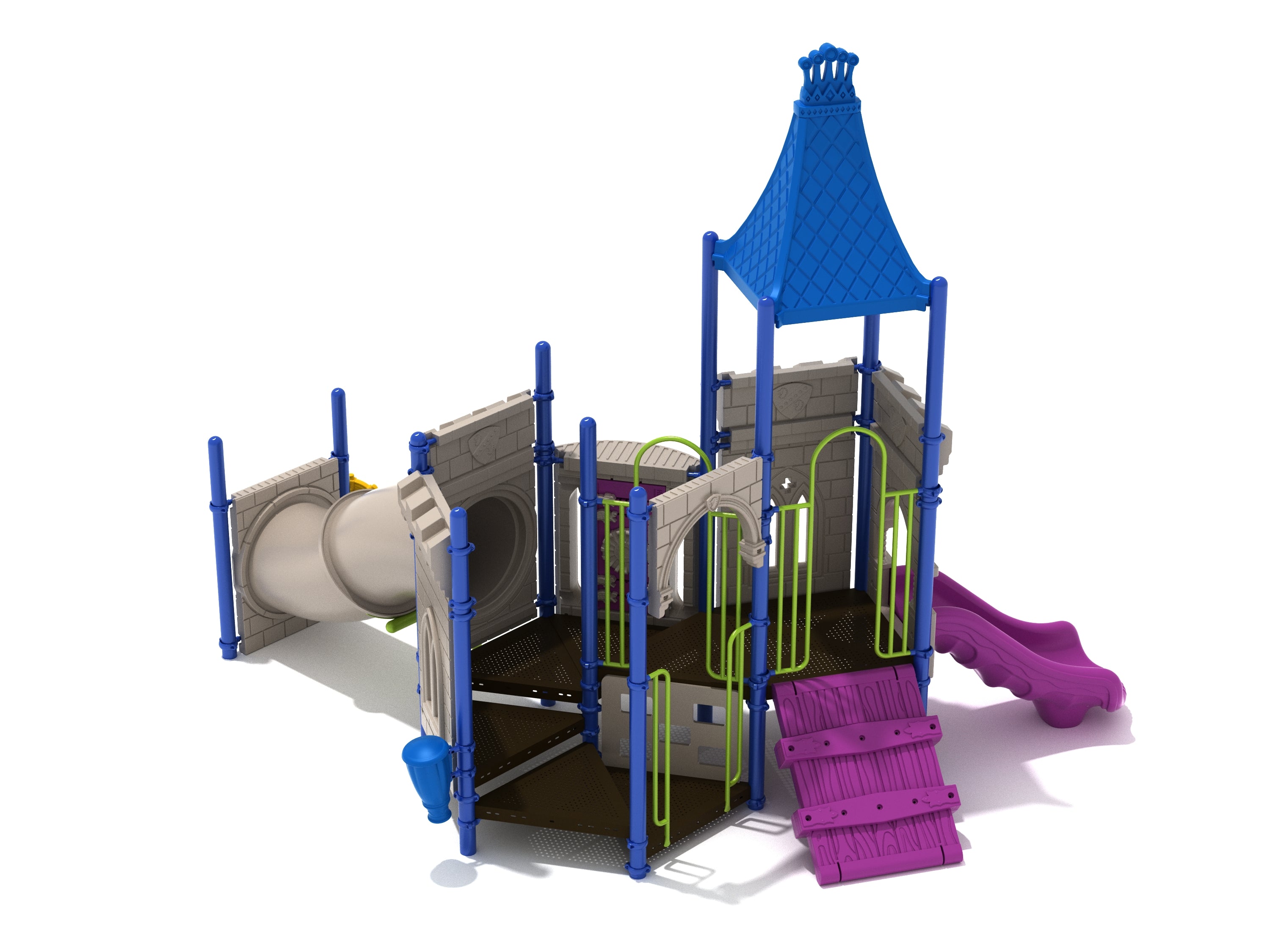 Castle-themed playground with blue roof, beige walls, purple climbing ramp, green railings, and beige tube slide