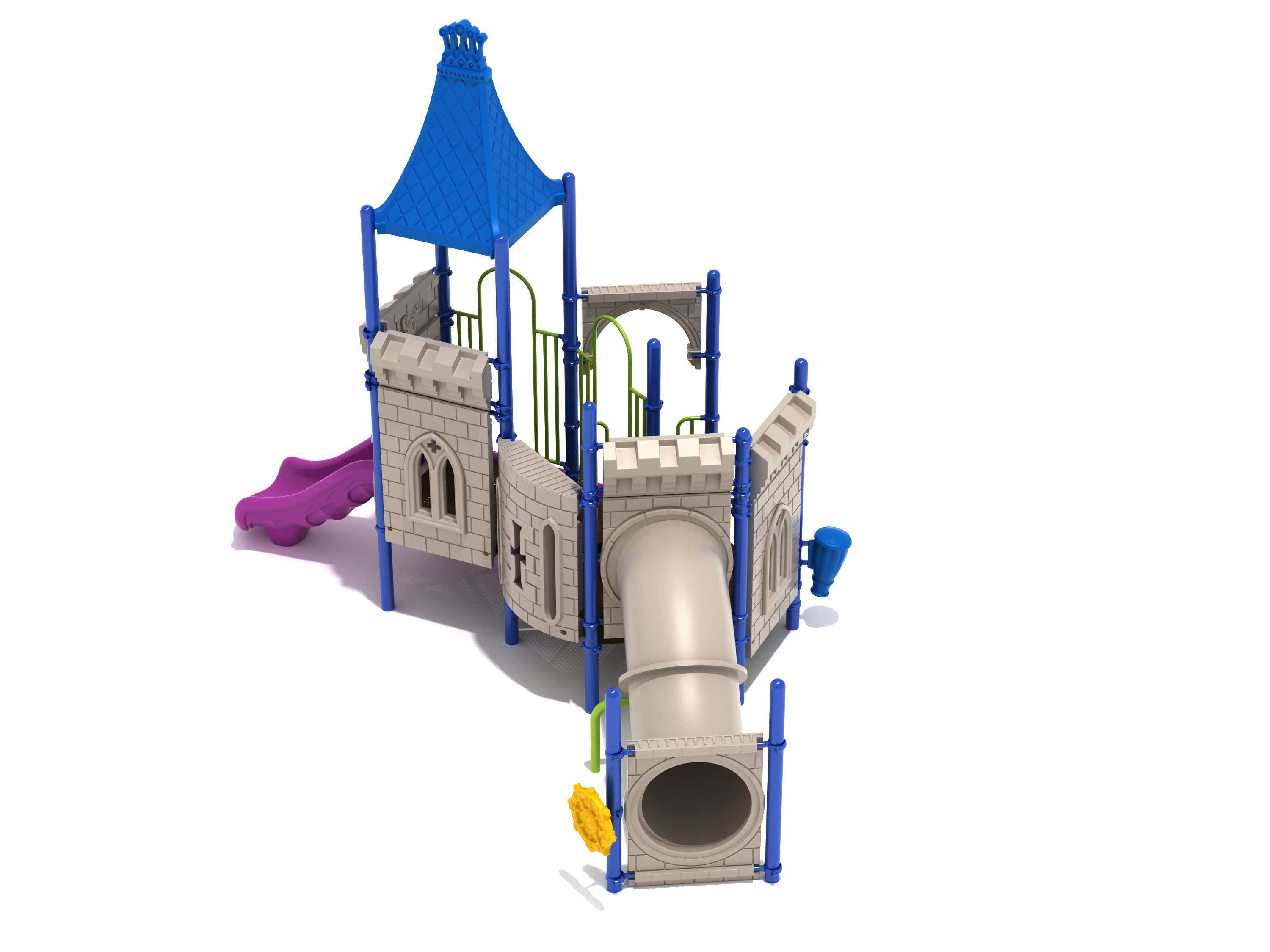 Castle-themed playground with blue roof, beige walls, tube slide, wave slide, and interactive play panels including ship’s wheel and drum panel