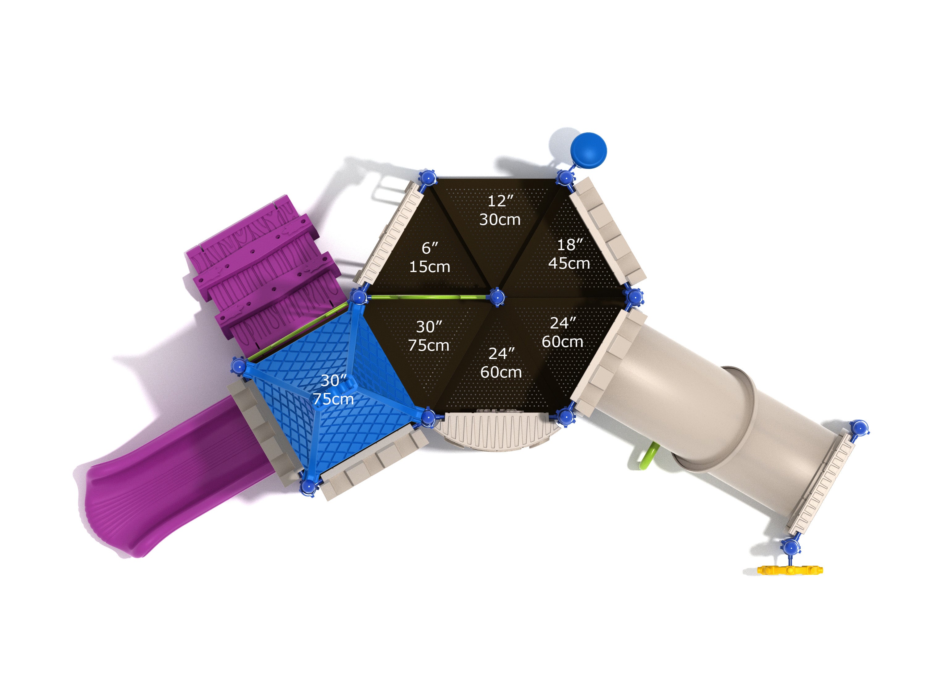Overhead view of colorful playground with purple slide, blue climbing net, beige tube slide, and hexagonal platforms