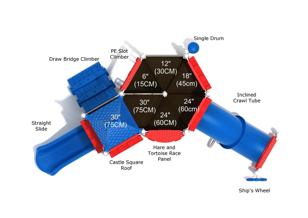 Overhead view of colorful castle-themed playground with straight slide, crawl tube, climbers, drum panel, race panel, and ship’s wheel