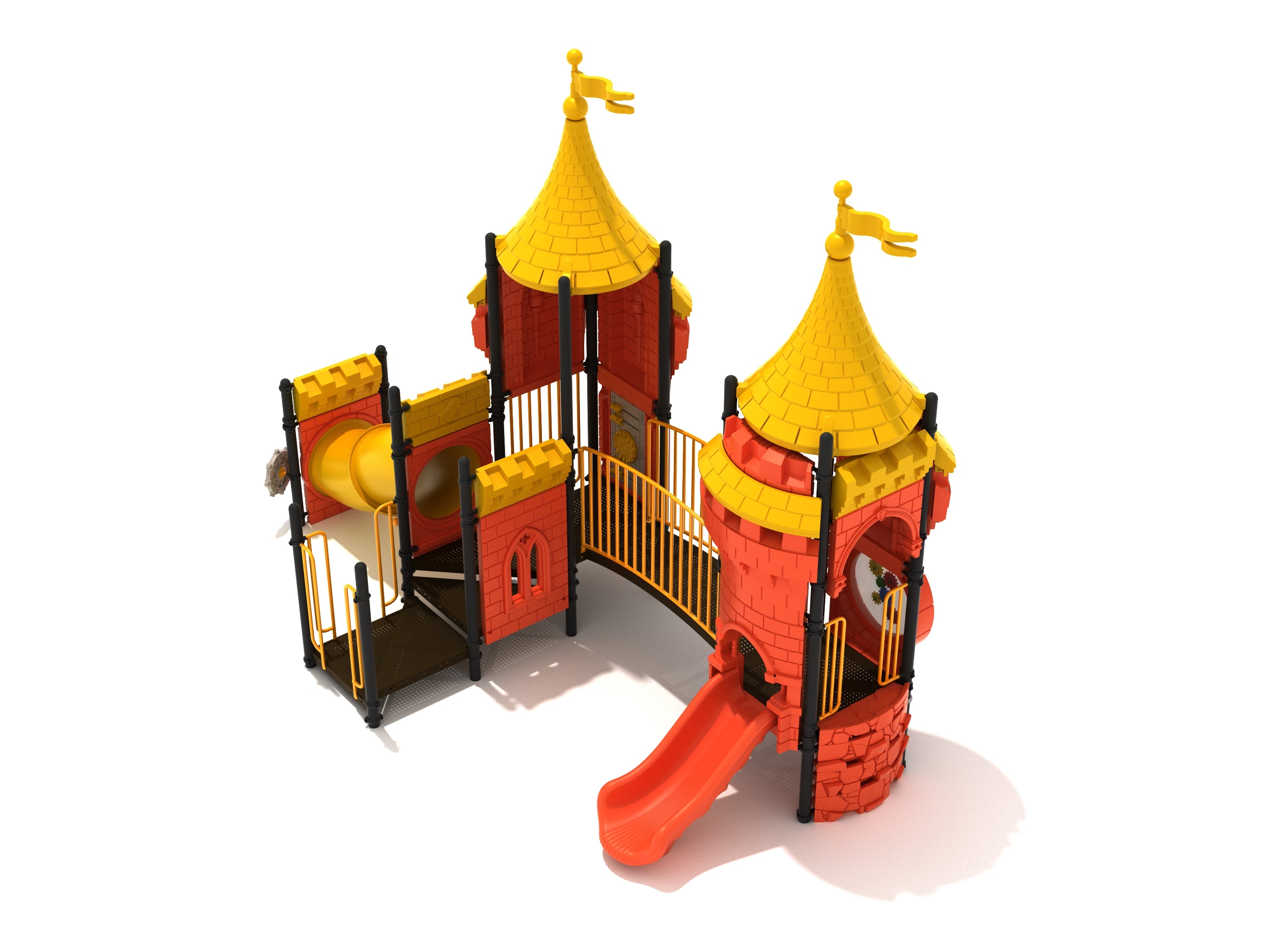 Arrow Loop Archer Playground with castle towers, yellow roofs, red slide, tube bridge, and interactive play panels