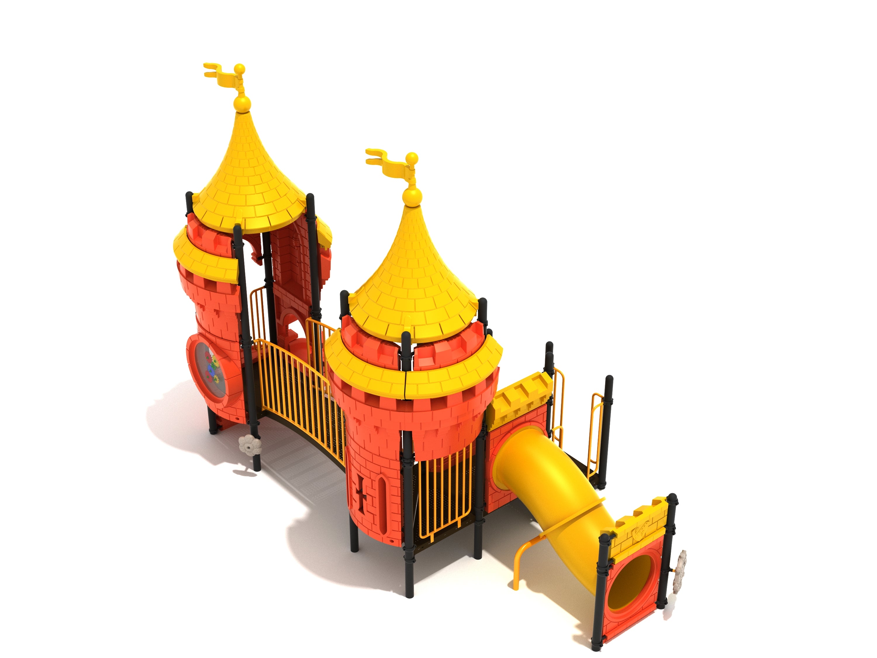 Castle-themed playground with two yellow turret roofs, curved yellow slide, and interactive play panels for children.