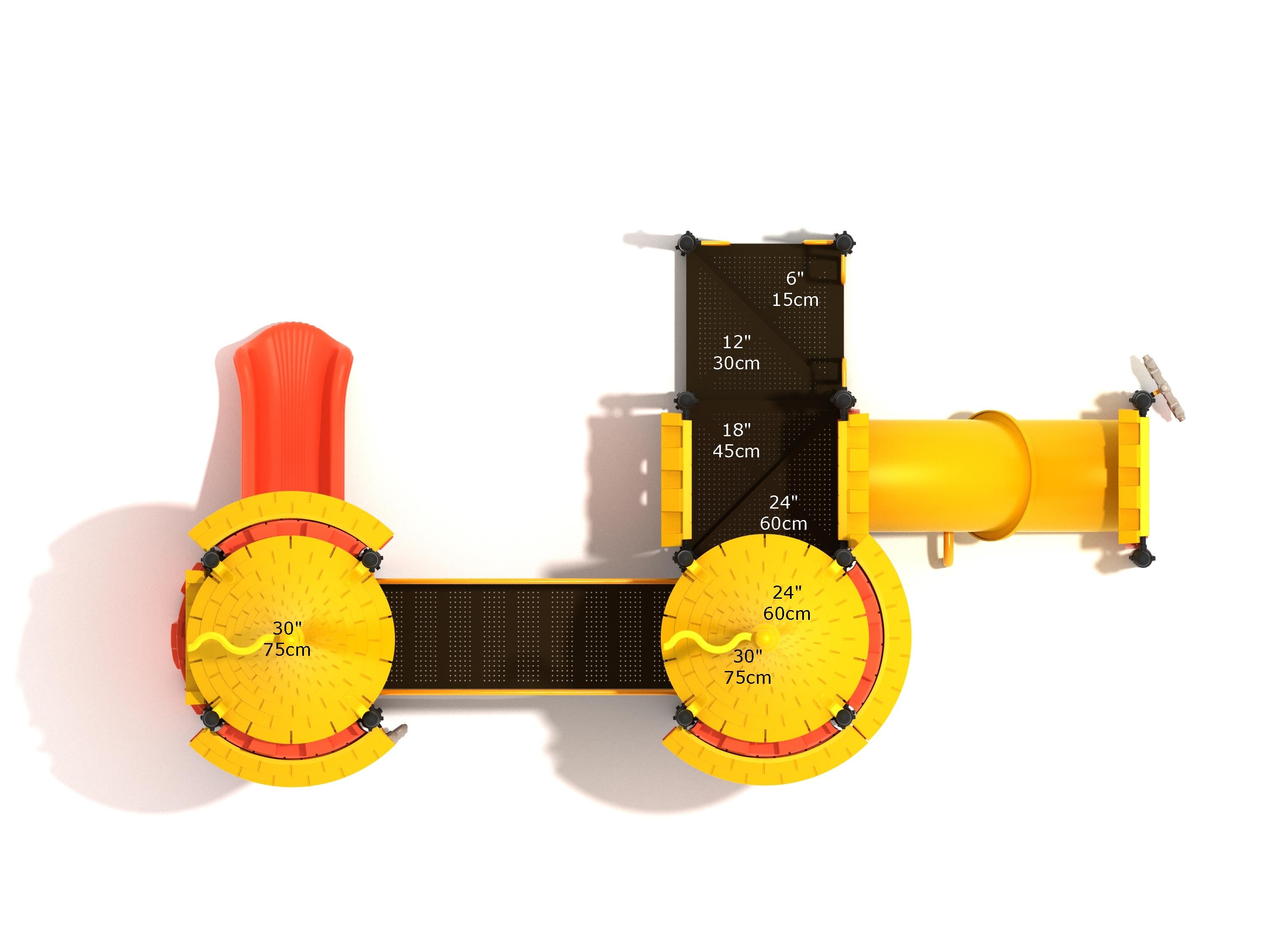 Overhead view of a yellow and red castle-themed playground with slides, bridges, climbers, and interactive play panels