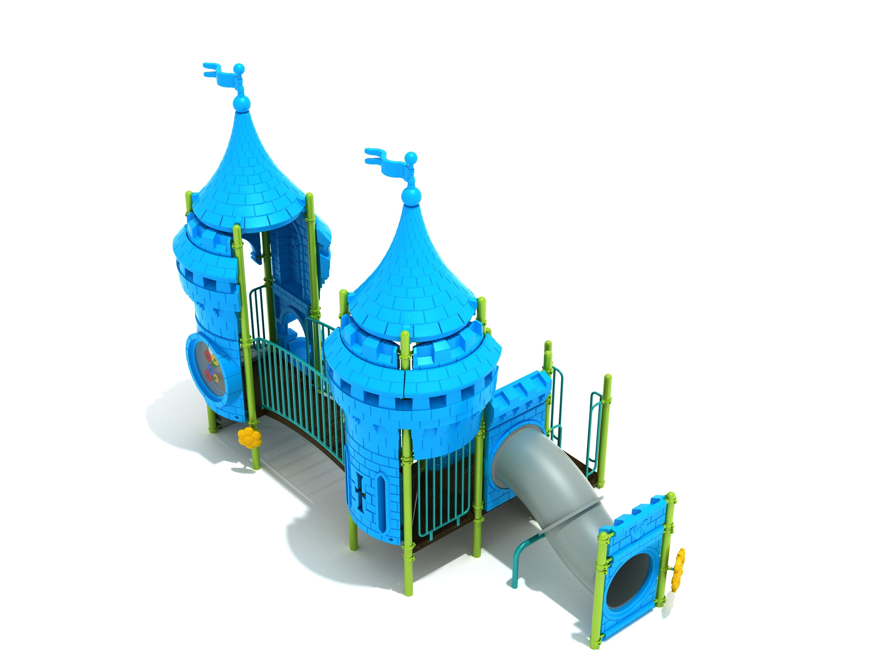 Castle-themed blue and green playground with two turrets, curved tube slide, and connecting bridge for active play and imagination